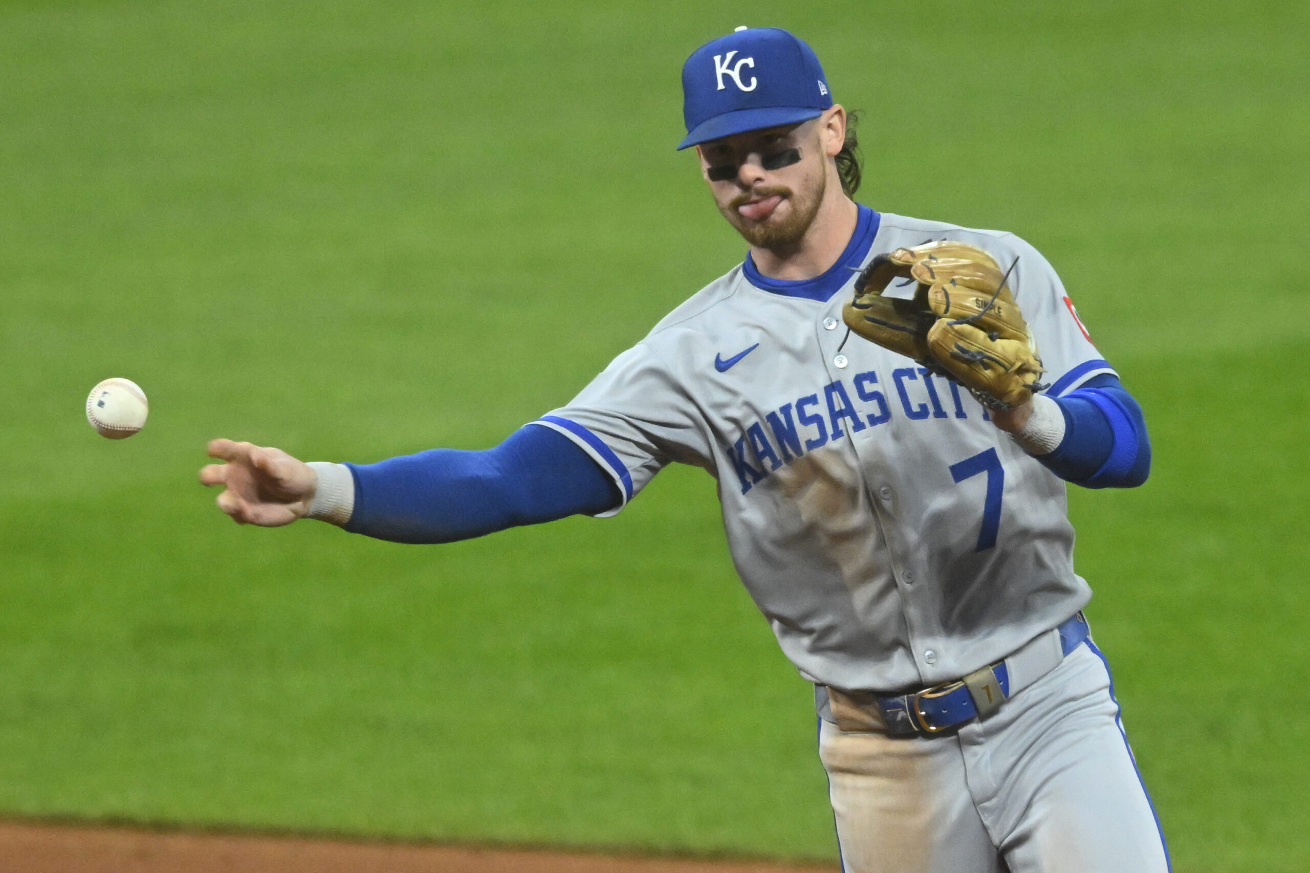 Sep 10, 2025; Cleveland, Ohio, USA; Kansas City Royals shortstop Bobby Witt Jr. (7) throws to first base in the fourth inning against the Cleveland Guardians at Progressive Field. Mandatory Credit: David Richard-Imagn Images