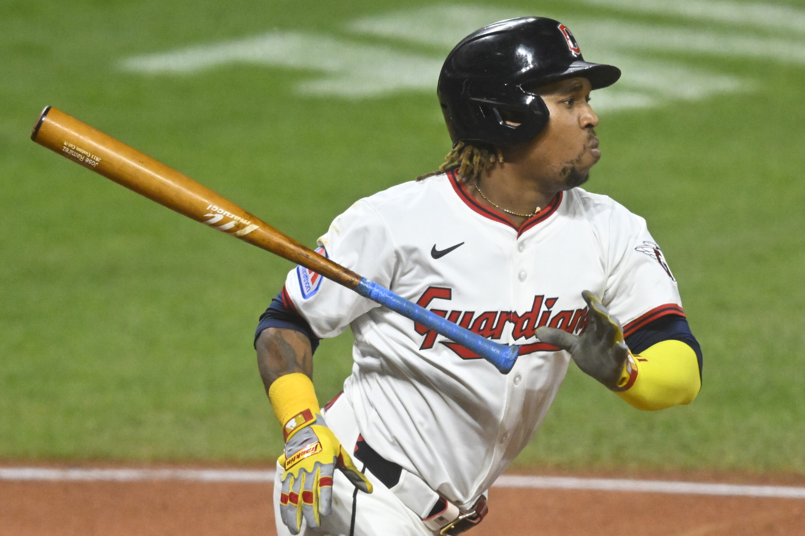 Sep 10, 2025; Cleveland, Ohio, USA; Cleveland Guardians third baseman Jose Ramirez (11) hits a double in the seventh inning against the Kansas City Royals at Progressive Field. Mandatory Credit: David Richard-Imagn Images