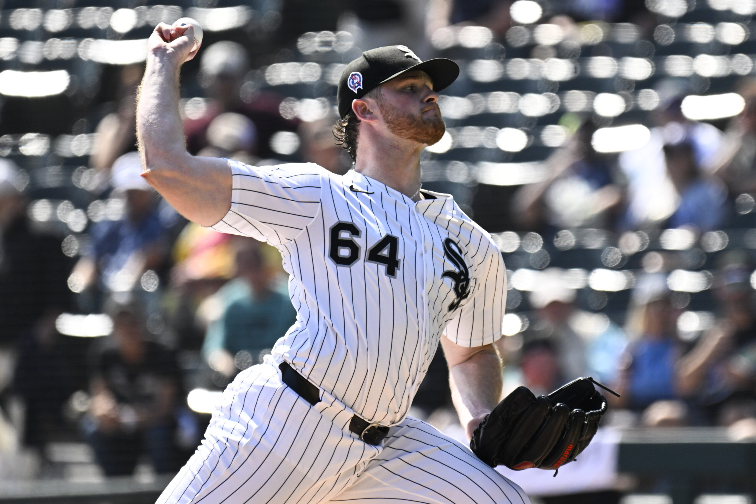 Sep 11, 2025; Chicago, Illinois, USA;  Chicago White Sox pitcher Shane Smith (64) delivers against the Tampa Bay Rays during the first inning at Rate Field. Mandatory Credit: Matt Marton-Imagn Images
