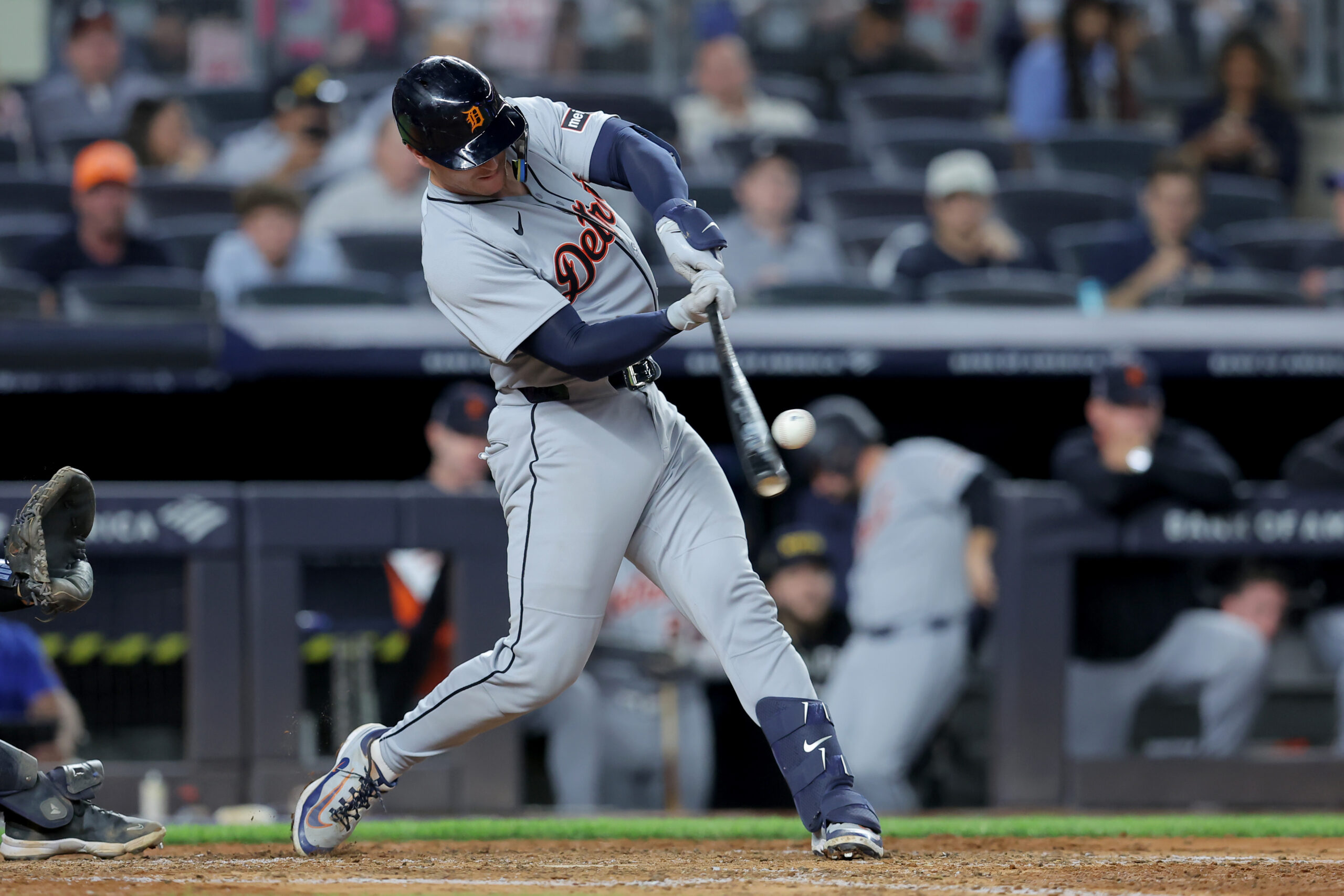 Sep 11, 2025; Bronx, New York, USA; Detroit Tigers catcher Dillon Dingler (13) hits a solo home run against the New York Yankees during the seventh inning at Yankee Stadium. Mandatory Credit: Brad Penner-Imagn Images