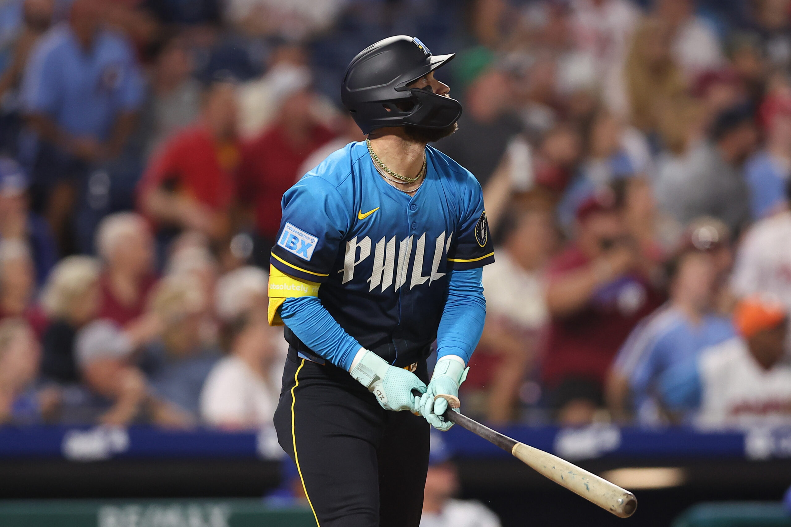 Sep 12, 2025; Philadelphia, Pennsylvania, USA; Philadelphia Phillies first base Bryce Harper (3) hits a  home run during the third inning at Citizens Bank Park. Mandatory Credit: Bill Streicher-Imagn Images