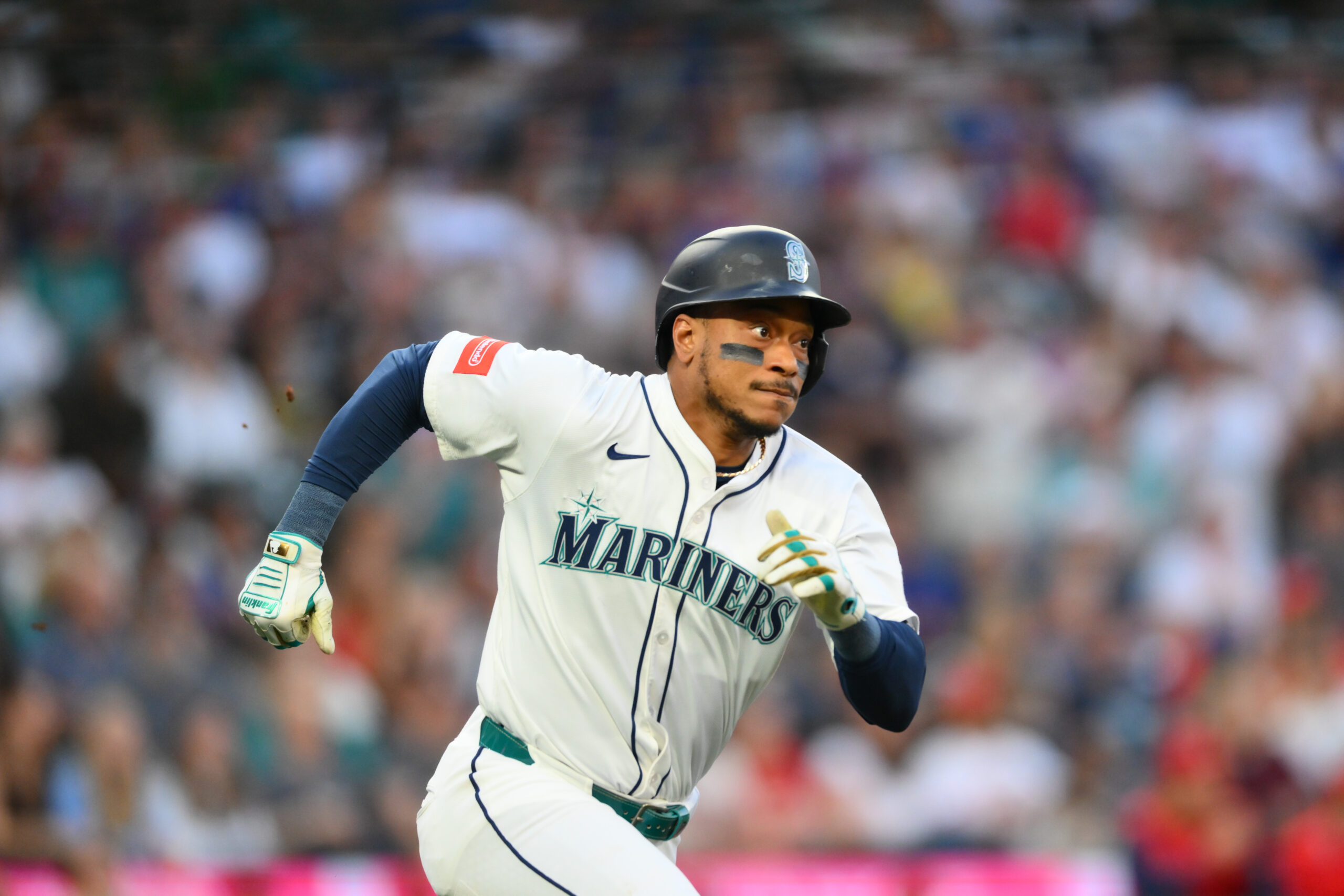 Sep 13, 2025; Seattle, Washington, USA; Seattle Mariners designated hitter Jorge Polanco (7) runs the bases after hitting a 2-RBI double against the Los Angeles Angels during the first inning at T-Mobile Park. Mandatory Credit: Steven Bisig-Imagn Images