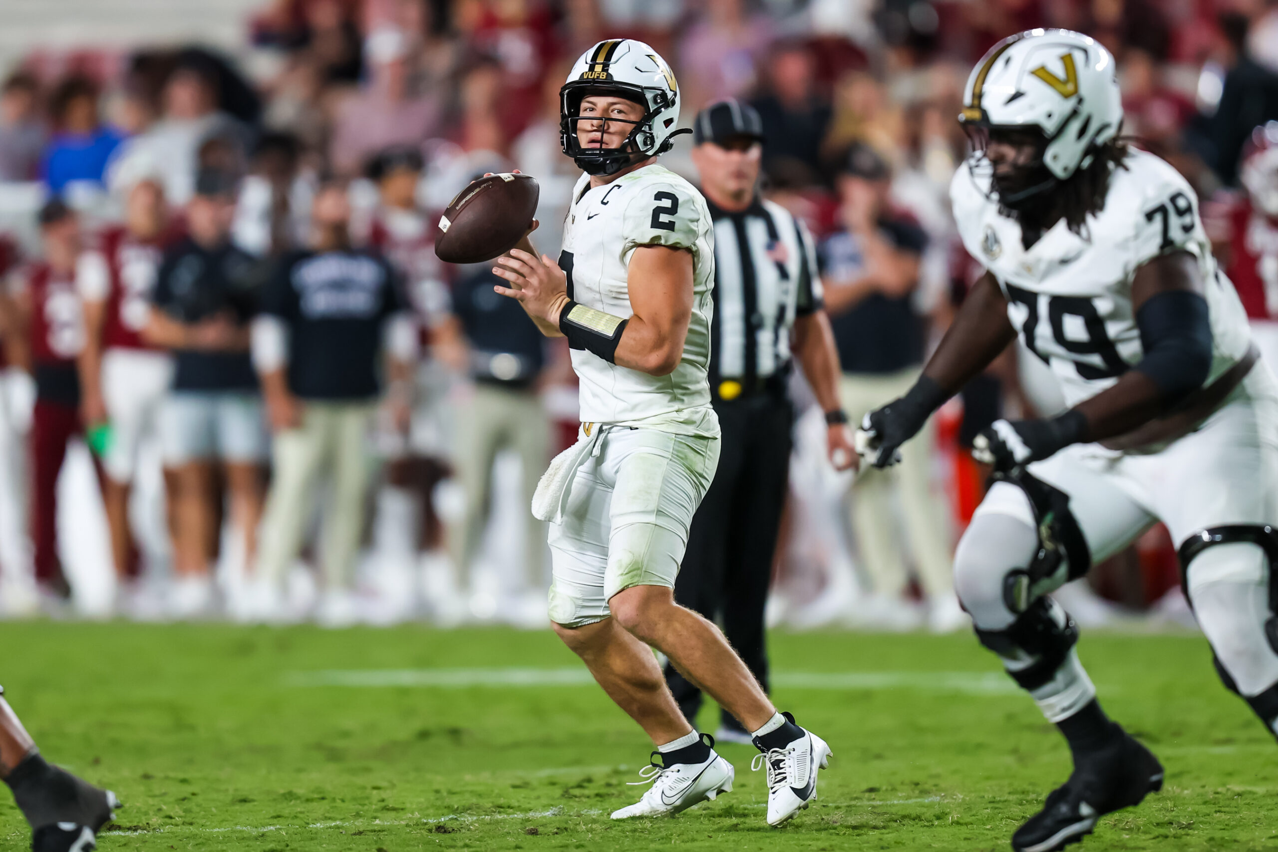 Sep 13, 2025; Columbia, South Carolina, USA; Vanderbilt Commodores quarterback Diego Pavia (2) looks to pass against the South Carolina Gamecocks in the second half at Williams-Brice Stadium. Mandatory Credit: Jeff Blake-Imagn Images