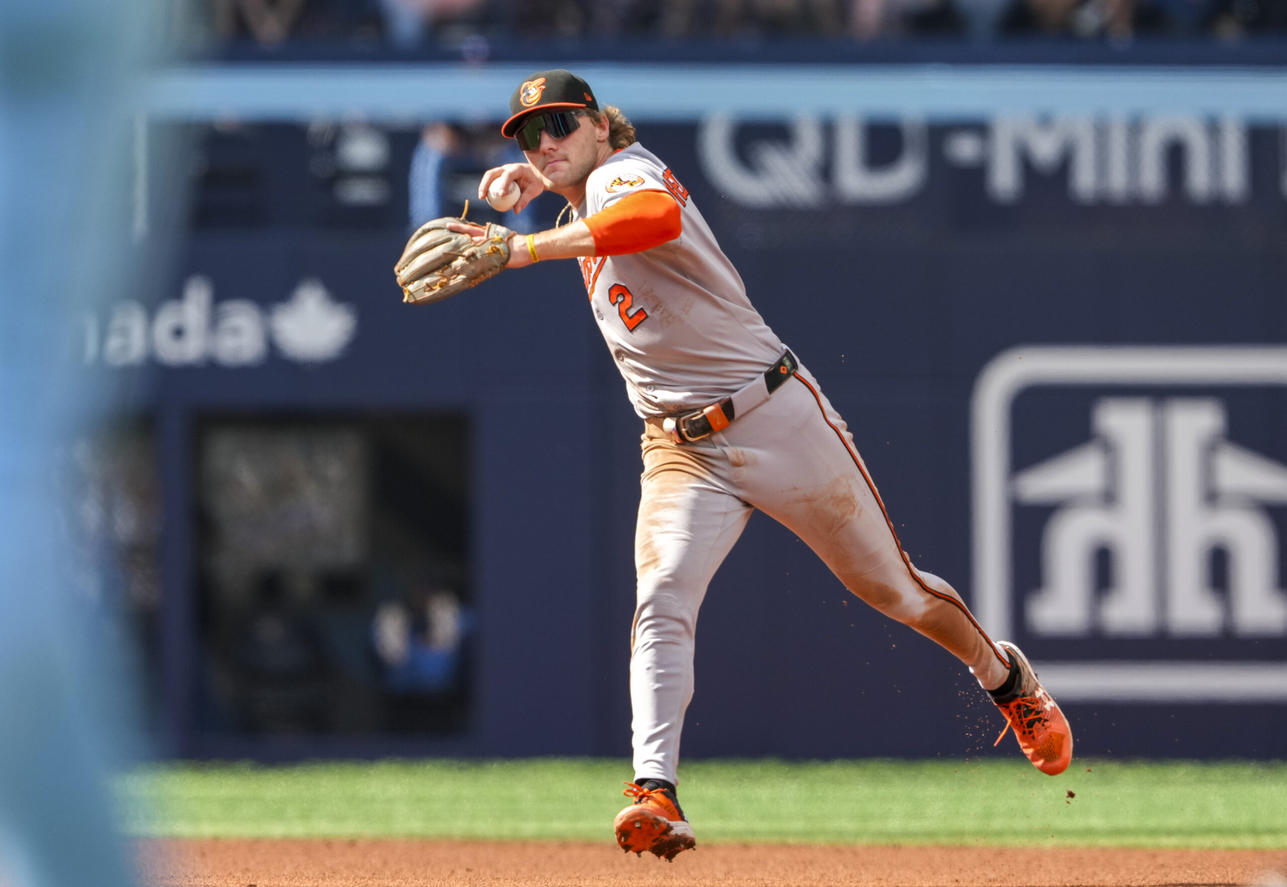 Sep 14, 2025; Toronto, Ontario, CAN; Baltimore Orioles shortstop Gunnar Henderson (2) throws to first base against the Toronto Blue Jays during the third inning in their MLB game at Rogers Centre. Mandatory Credit: Kevin Sousa-Imagn Images