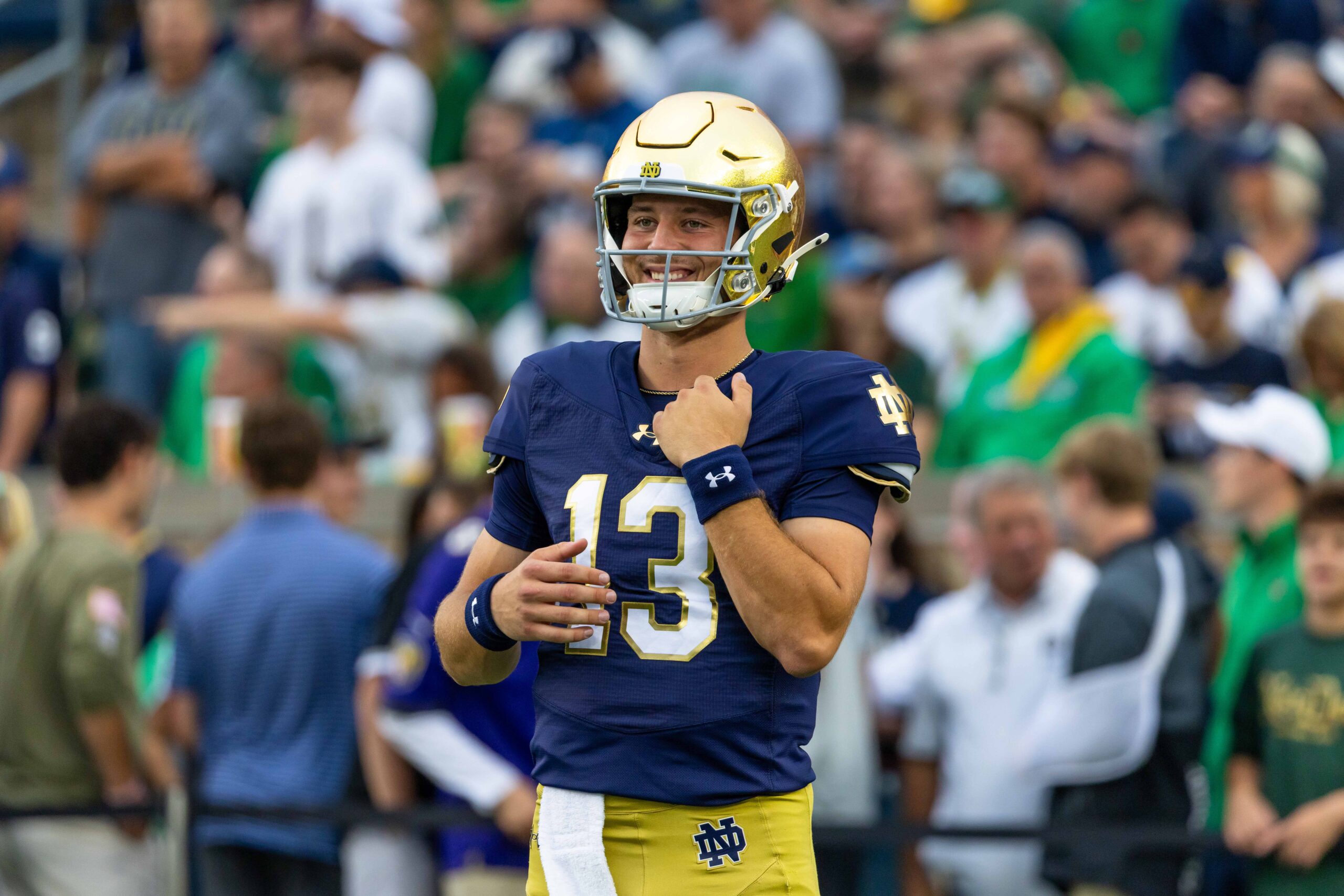 Sep 13, 2025; South Bend, Indiana, USA; Notre Dame Fighting Irish quarterback CJ Carr (13) smiles during warmups before a game against the Texas A&M Aggies at Notre Dame Stadium. Mandatory Credit: Michael Caterina-Imagn Images