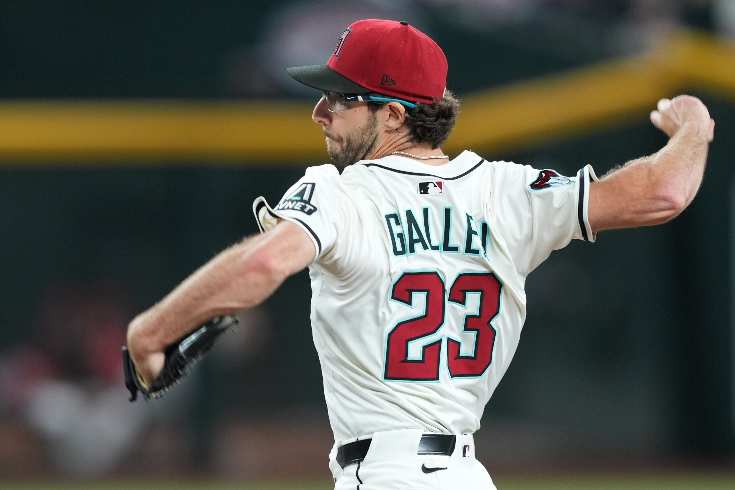 Sep 15, 2025; Phoenix, Arizona, USA; Arizona Diamondbacks pitcher Zac Gallen (23) pitches against the San Francisco Giants during the first inning at Chase Field. Mandatory Credit: Joe Camporeale-Imagn Images