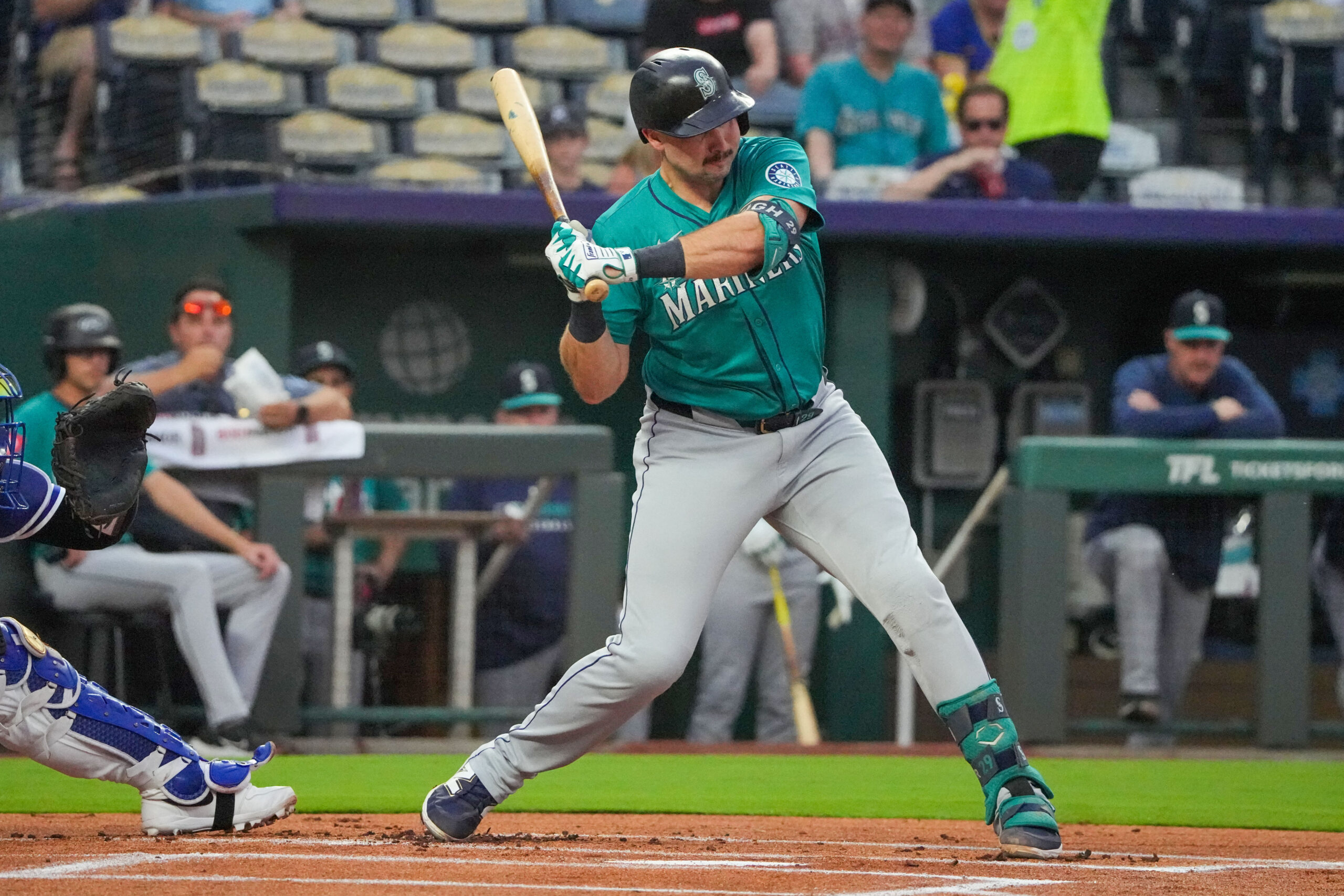 Sep 17, 2025; Kansas City, Missouri, USA; Seattle Mariners designated hitter Cal Raleigh (29) at bat against the Kansas City Royals during the first inning at Kauffman Stadium. Mandatory Credit: Denny Medley-Imagn Images