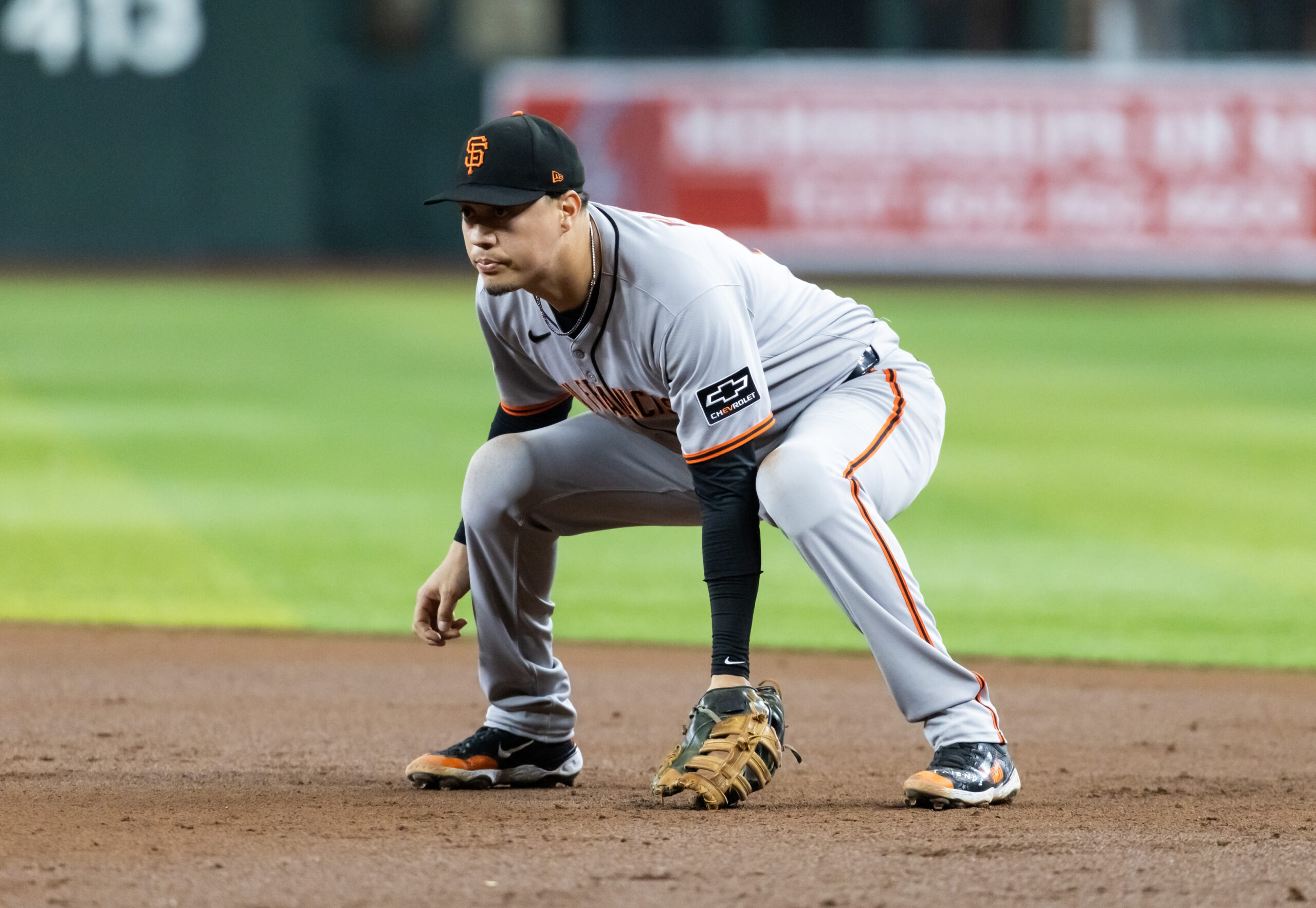 Sep 16, 2025; Phoenix, Arizona, USA; San Francisco Giants first baseman Wilmer Flores against the Arizona Diamondbacks at Chase Field. Mandatory Credit: Mark J. Rebilas-Imagn Images