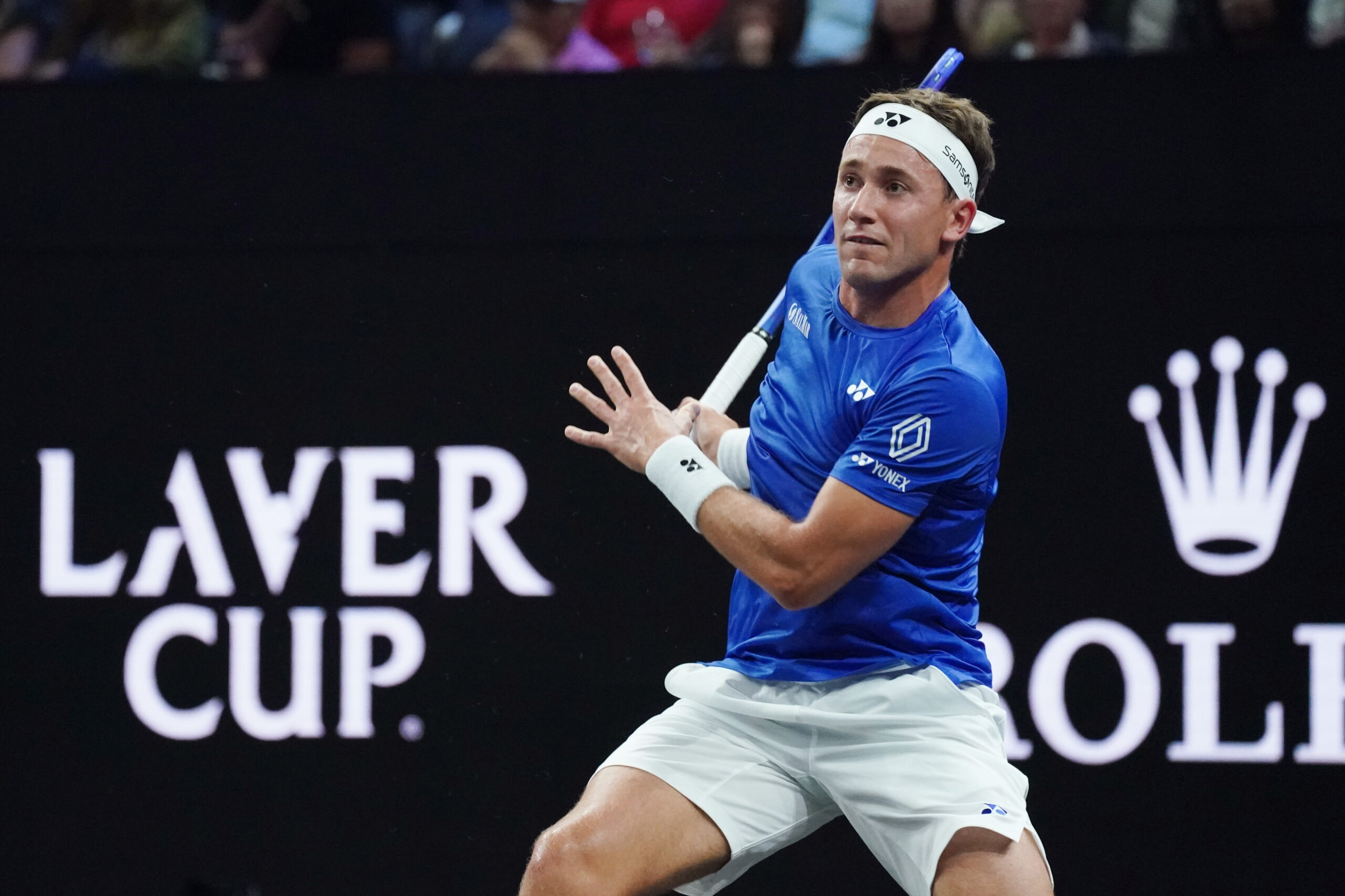 Sep 19, 2025; San Francisco, CA, USA; Team Europe player Casper Ruud returns a ball against Team World player Reilly Opelka at the Laver Cup at Chase Center. Mandatory Credit: David Gonzales-Imagn Images