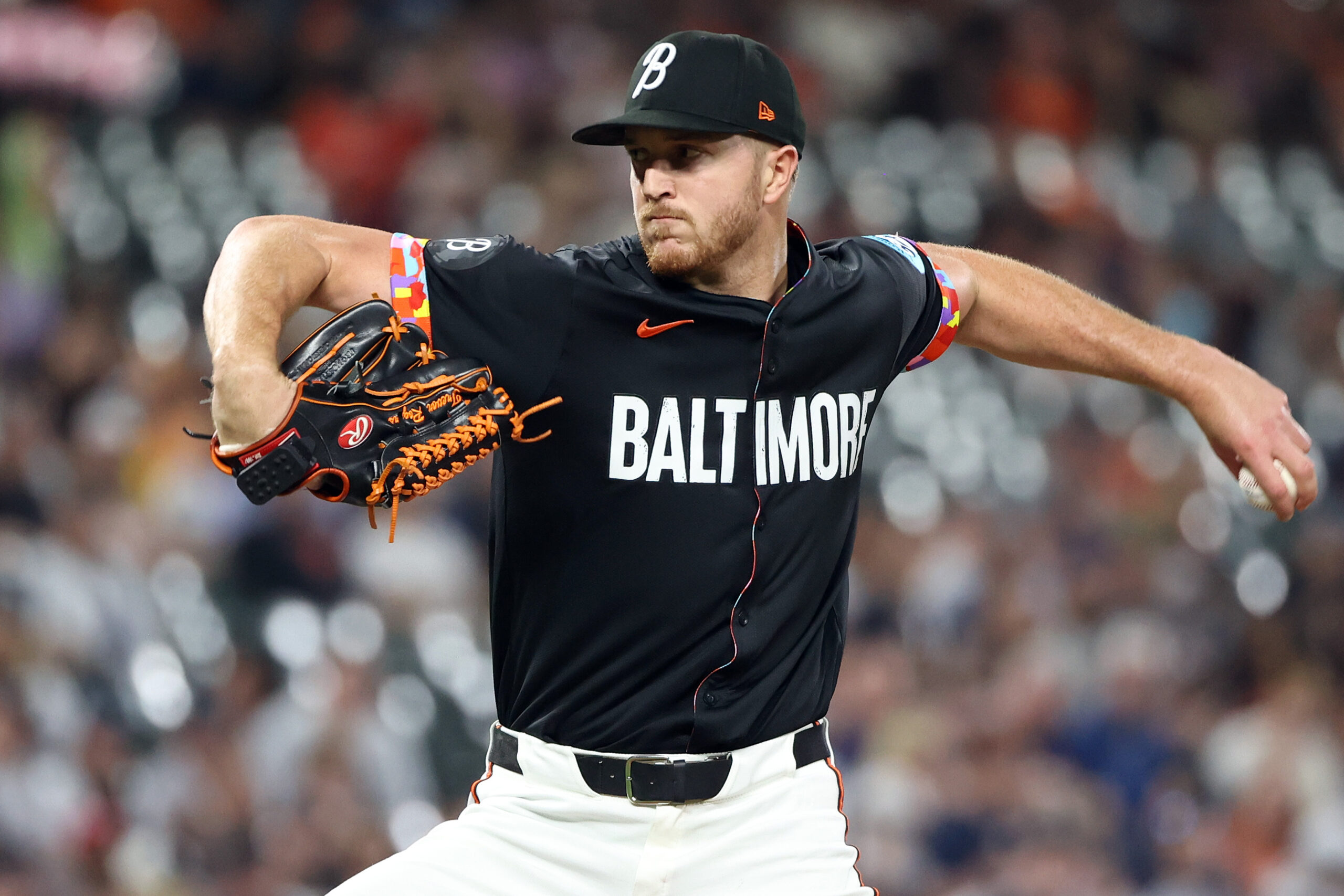 Sep 19, 2025; Baltimore, Maryland, USA; Baltimore Orioles pitcher Trevor Rogers (28) throws during the third inning against the New York Yankees at Oriole Park at Camden Yards. Mandatory Credit: Daniel Kucin Jr.-Imagn Images