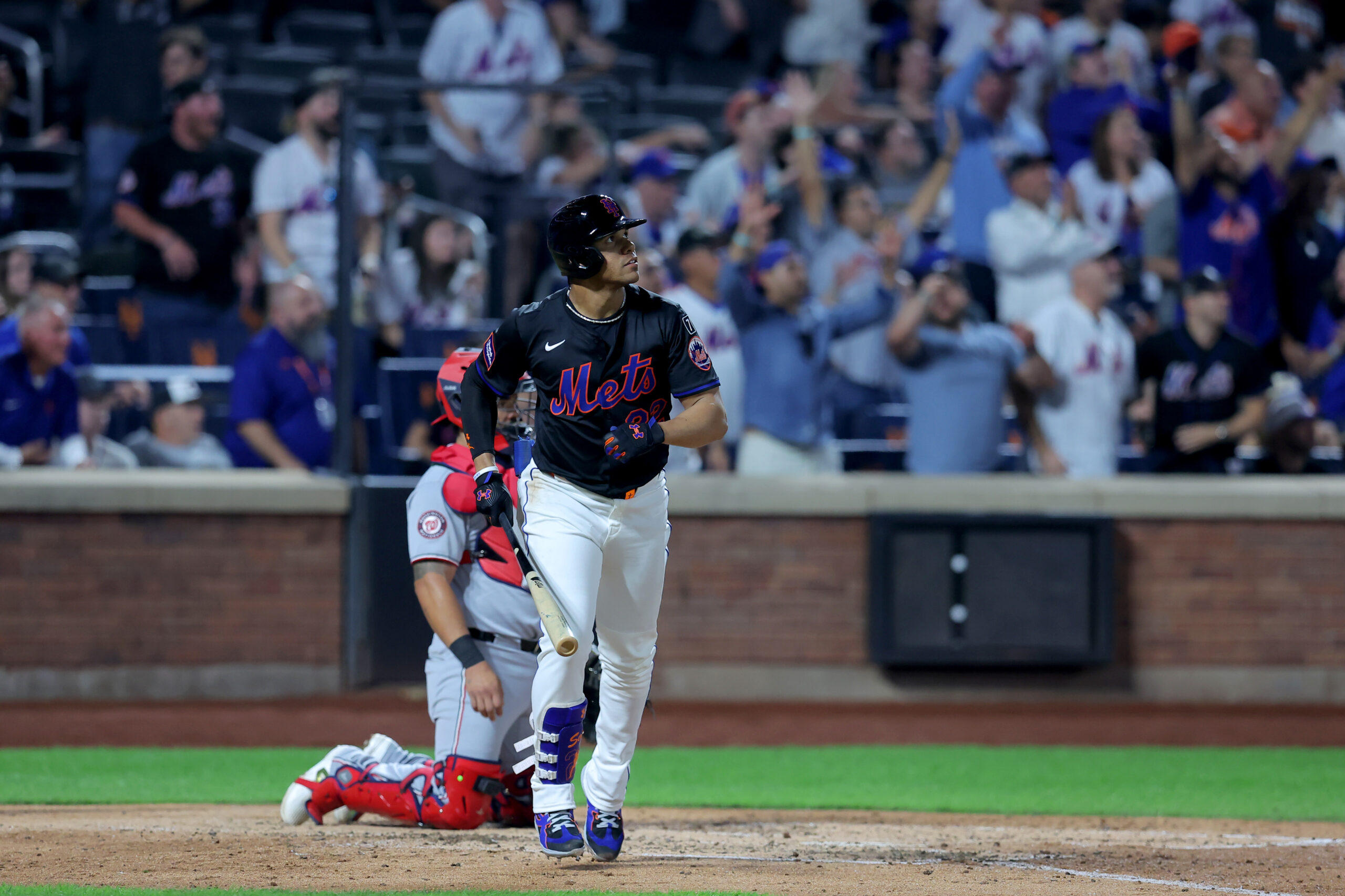 Sep 19, 2025; New York City, New York, USA; New York Mets right fielder Juan Soto (22) watches his three run home run against the Washington Nationals during the fourth inning at Citi Field. Mandatory Credit: Brad Penner-Imagn Images