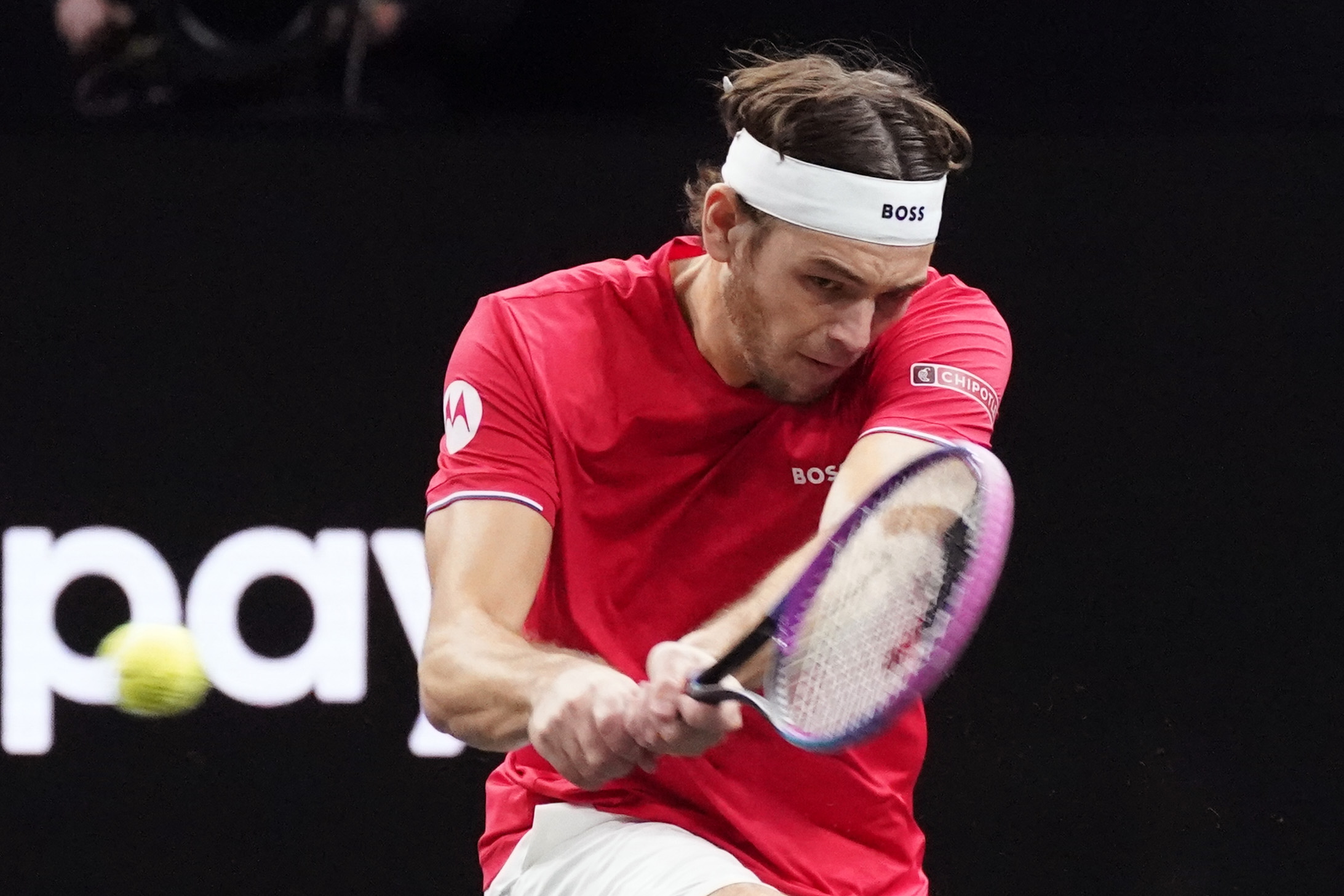 Sep 21, 2025; San Francisco, CA, USA; Team World player Taylor Fritz returns the ball from Team Europe player Alexander Zverev during the Laver Cup at Chase Center. Mandatory Credit: David Gonzales-Imagn Images