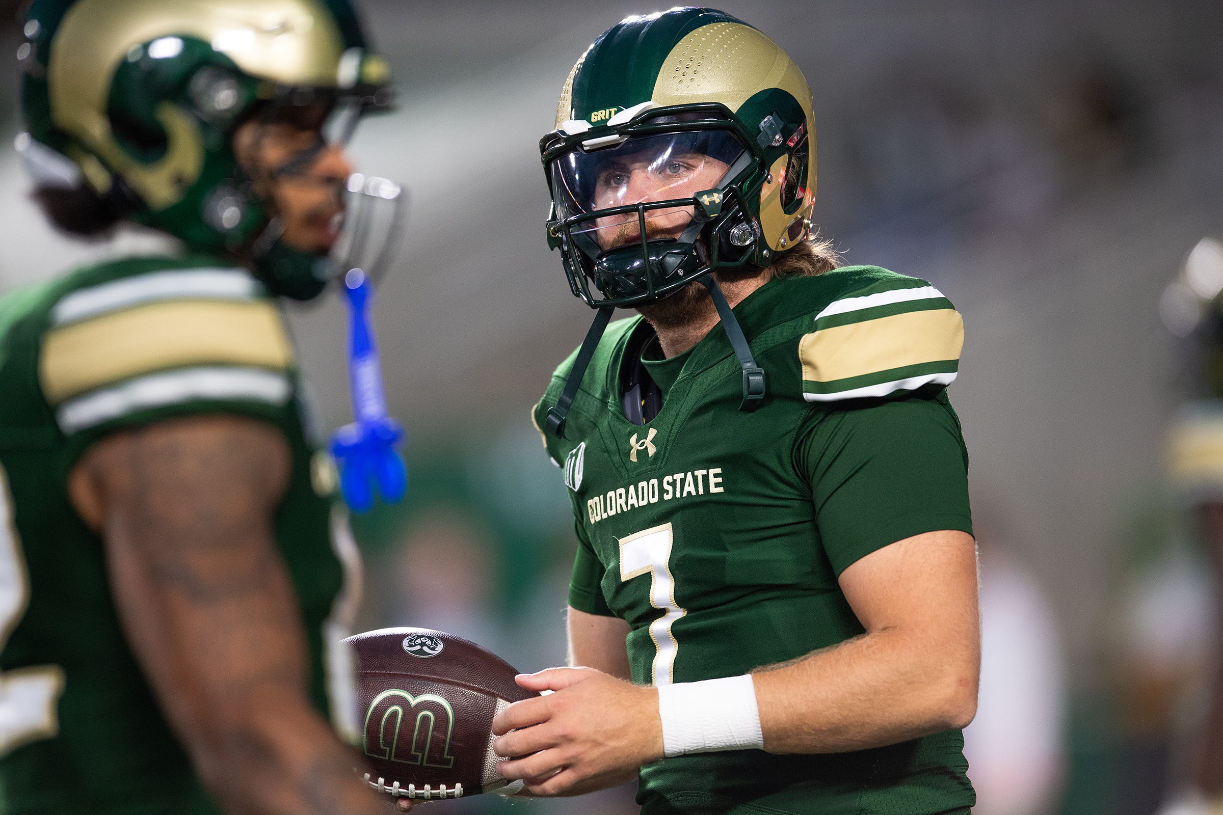 Colorado State's Jackson Brousseau warms up before an NCAA football game against UTSA at Canvas Stadium on Sept. 20, 2025, in Fort Collins, Colo.