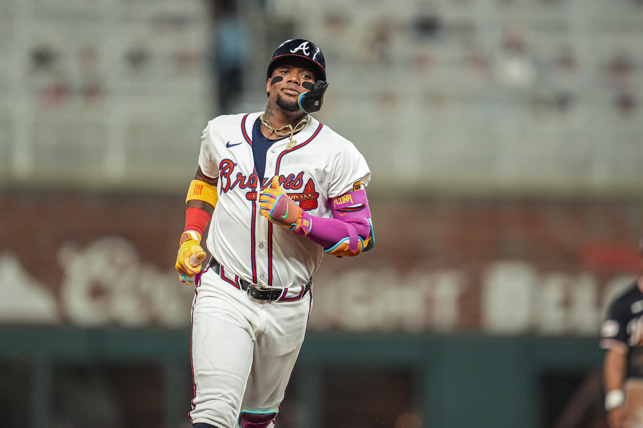 Sep 23, 2025; Cumberland, Georgia, USA; Atlanta Braves right fielder Ronald Acuna Jr (13) reacts after hitting a home run against the Washington Nationals during the sixth inning at Truist Park. Mandatory Credit: Dale Zanine-Imagn Images