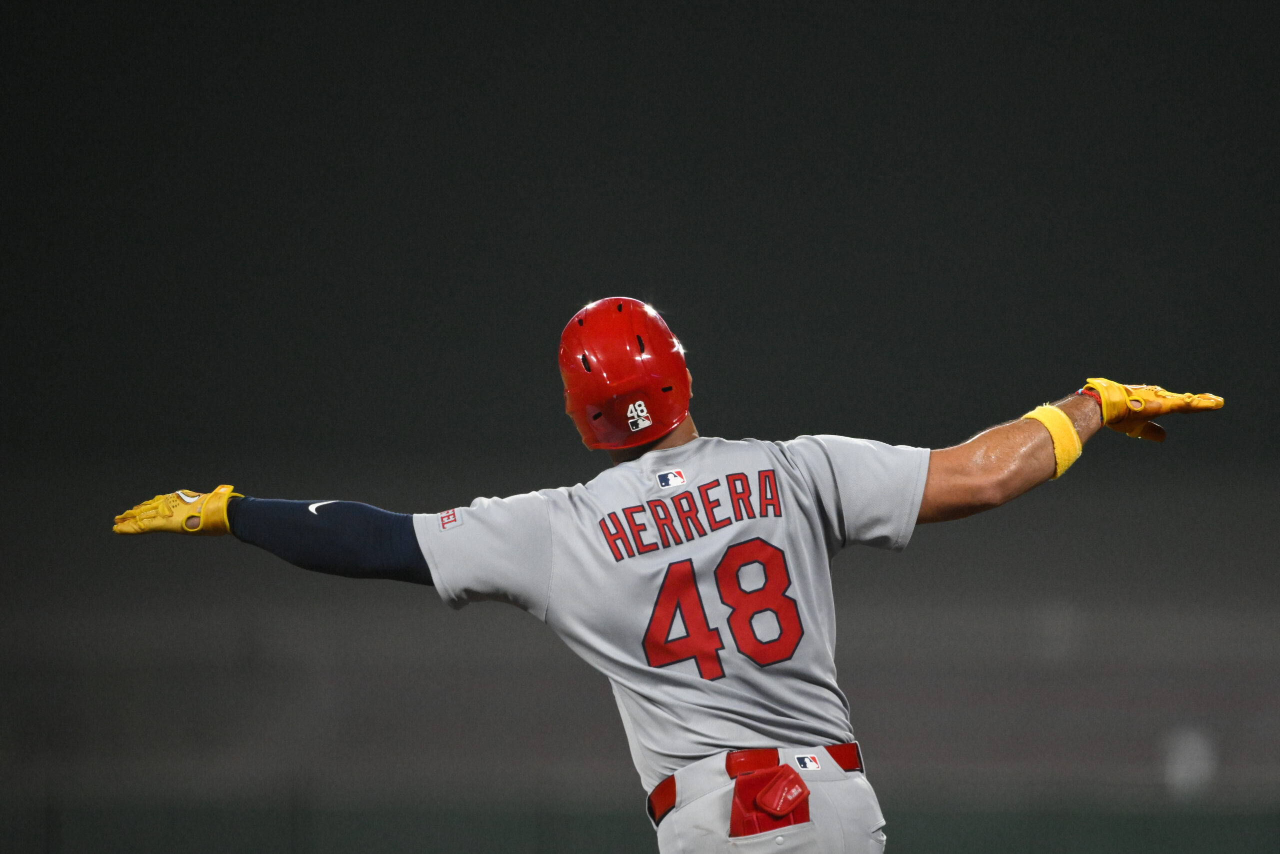 Sep 23, 2025; San Francisco, California, USA; St. Louis Cardinals designated hitter Ivan Herrera (48) celebrates a three-run home run against the San Francisco Giants during the seventh inning at Oracle Park. Mandatory Credit: Eakin Howard-Imagn Images