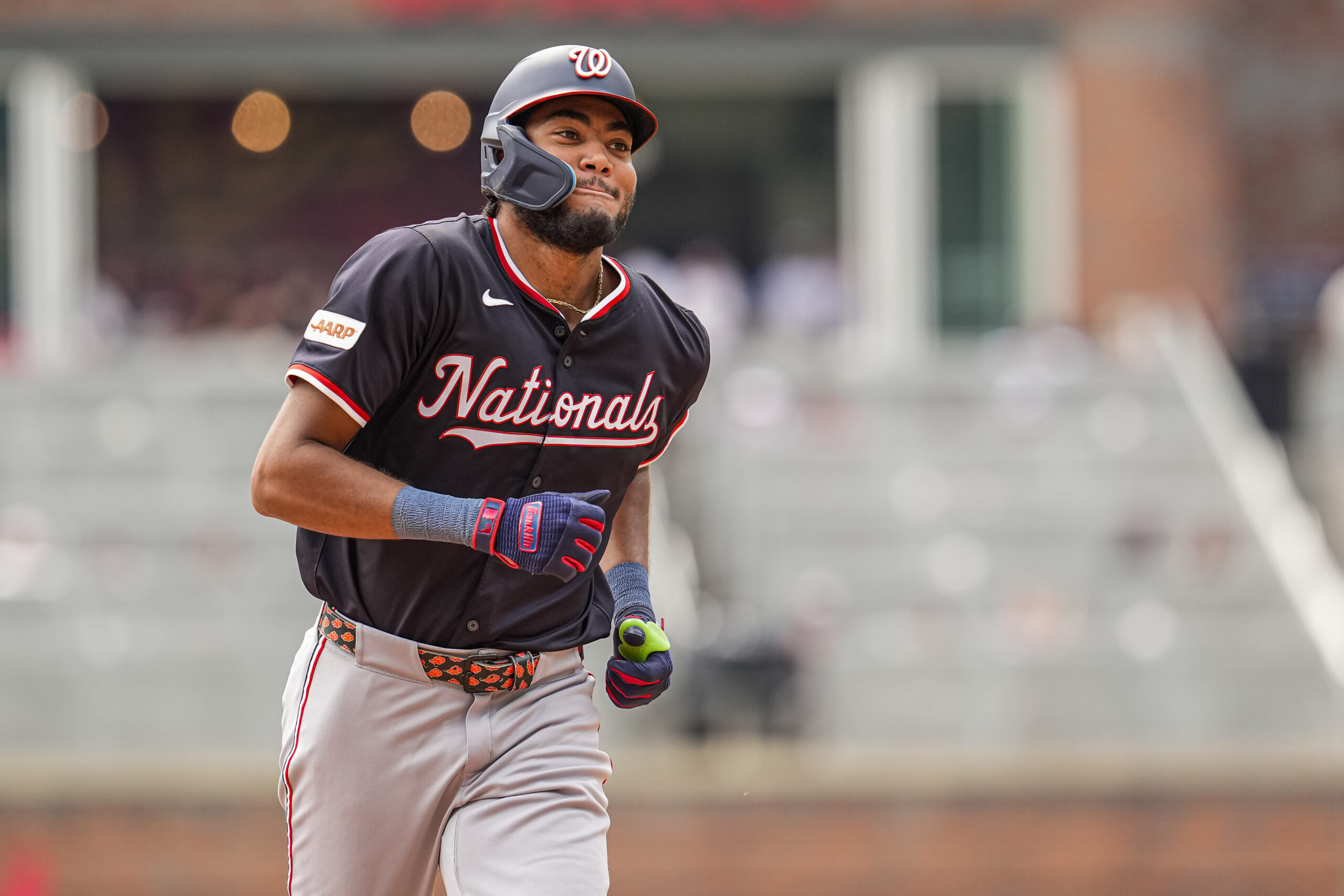 Sep 24, 2025; Cumberland, Georgia, USA; Washington Nationals left fielder James Wood (29) reacts after hitting a home run against the Atlanta Braves during the eighth inning at Truist Park. Mandatory Credit: Dale Zanine-Imagn Images