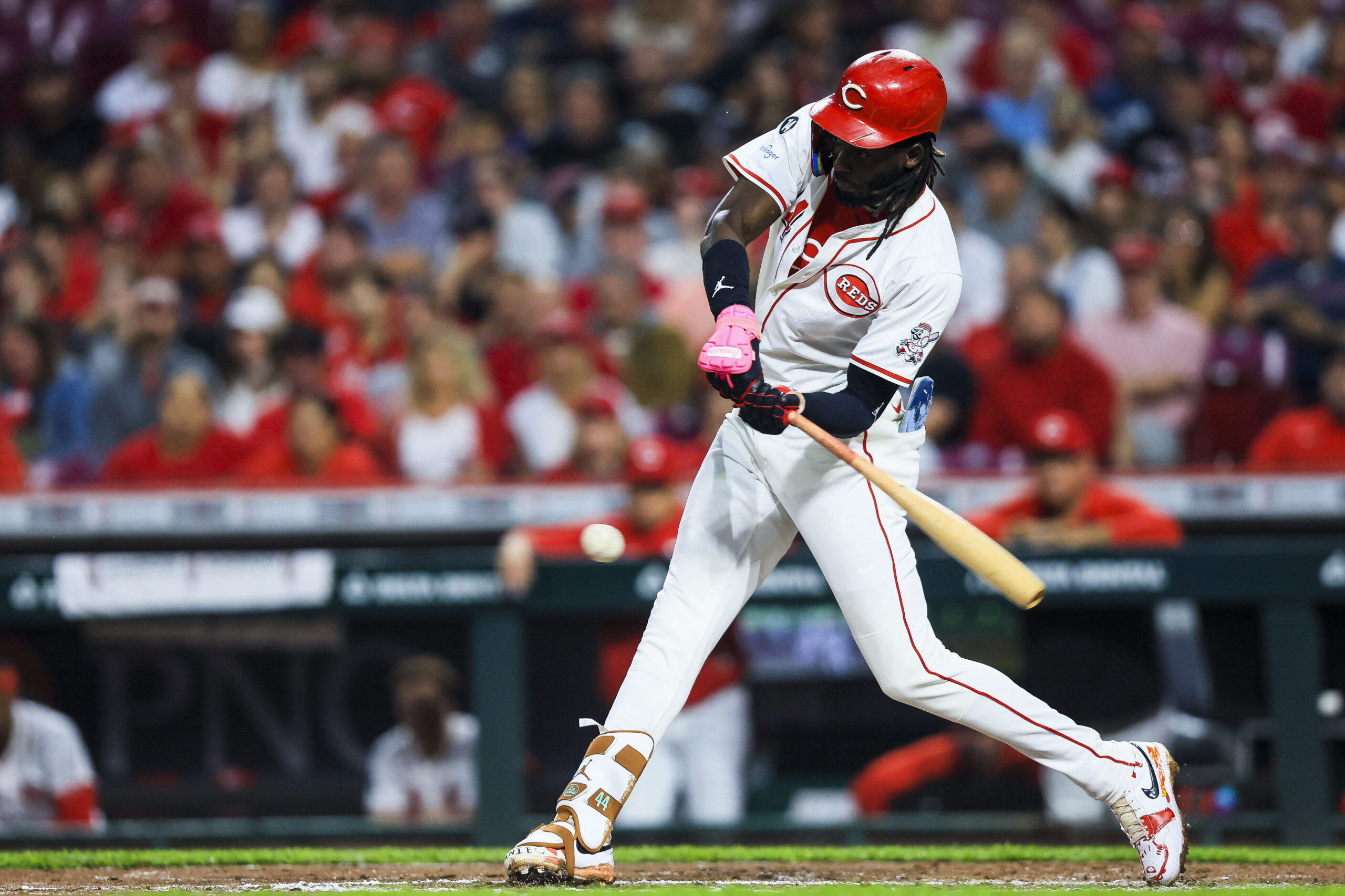 Sep 24, 2025; Cincinnati, Ohio, USA; Cincinnati Reds shortstop Elly De La Cruz (44) hits a single in the fourth inning against the Pittsburgh Pirates at Great American Ball Park. Mandatory Credit: Katie Stratman-Imagn Images