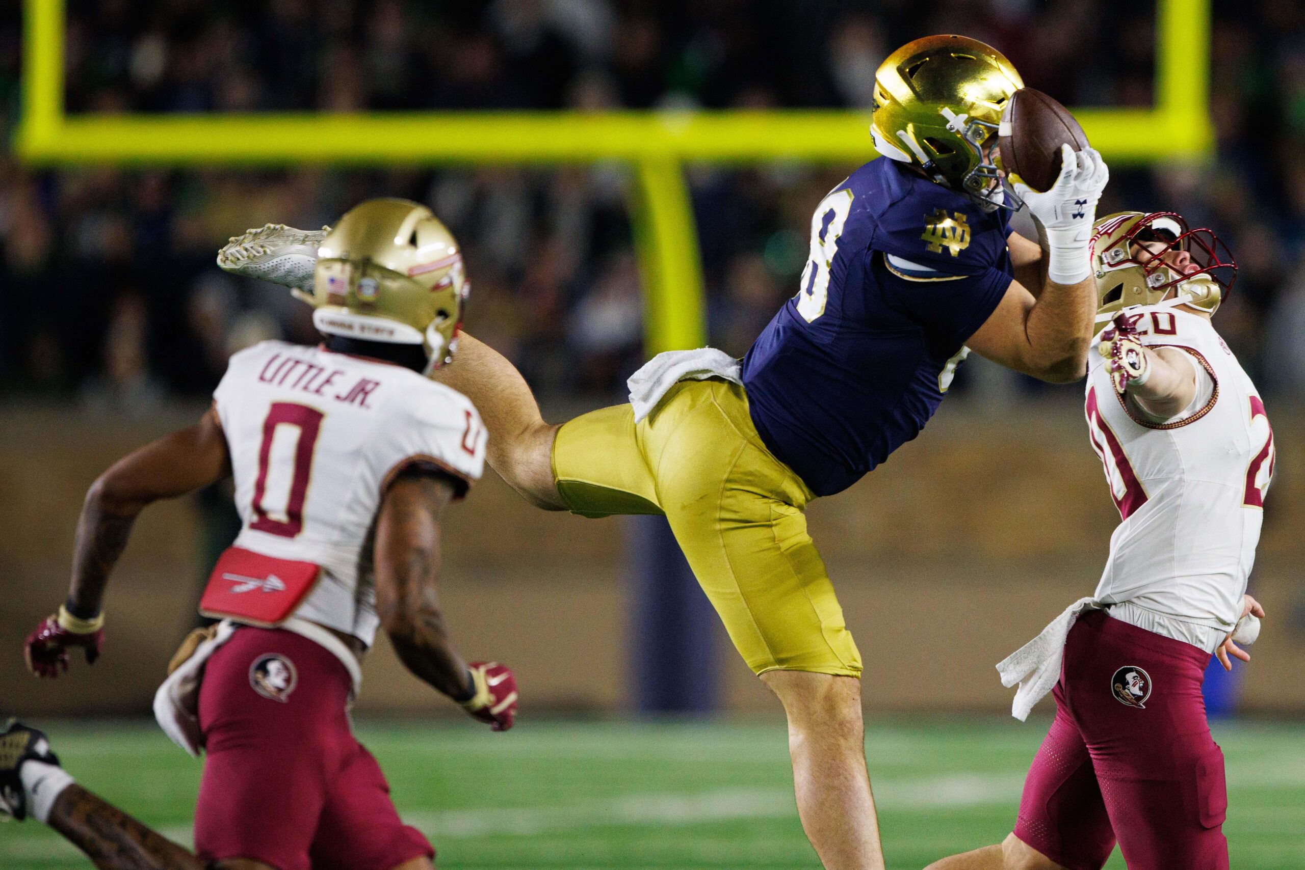 Notre Dame tight end Mitchell Evans (88) makes a catch that would later be ruled incomplete during a NCAA college football game against Florida State at Notre Dame Stadium on Saturday, Nov. 9, 2024, in South Bend.
