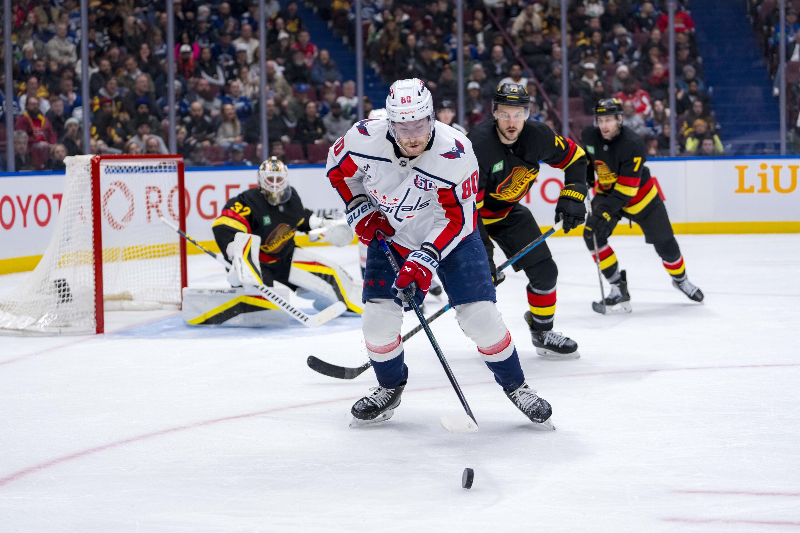 Jan 25, 2025; Vancouver, British Columbia, CAN; Washington Capitals forward Pierre-Luc Dubois (80) handles the puck against the Vancouver Canucks in the third period at Rogers Arena. Mandatory Credit: Bob Frid-Imagn Images