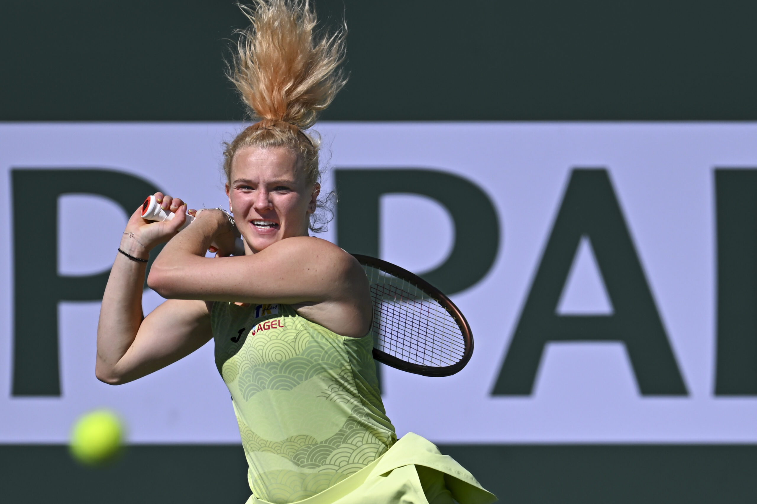 Mar 9, 2025; Indian Wells, CA, USA; Katerina Siniakova  (CZE) hits a ball against Karolina Muchova (CZE) at Indian Well Tennis Garden. Mandatory Credit: Jonathan Hui-Imagn Images