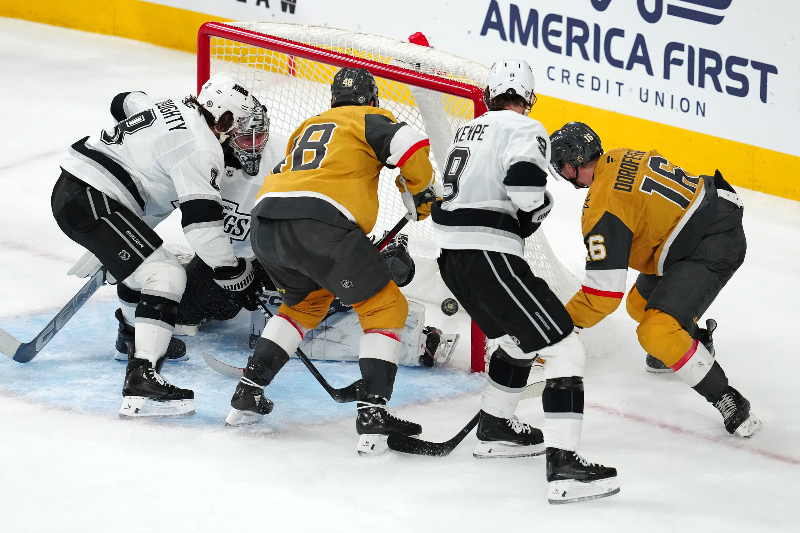 Mar 9, 2025; Las Vegas, Nevada, USA; Vegas Golden Knights center Tomas Hertl (48) scores a goal against Los Angeles Kings goaltender David Rittich (31) during the third period at T-Mobile Arena. Mandatory Credit: Stephen R. Sylvanie-Imagn Images