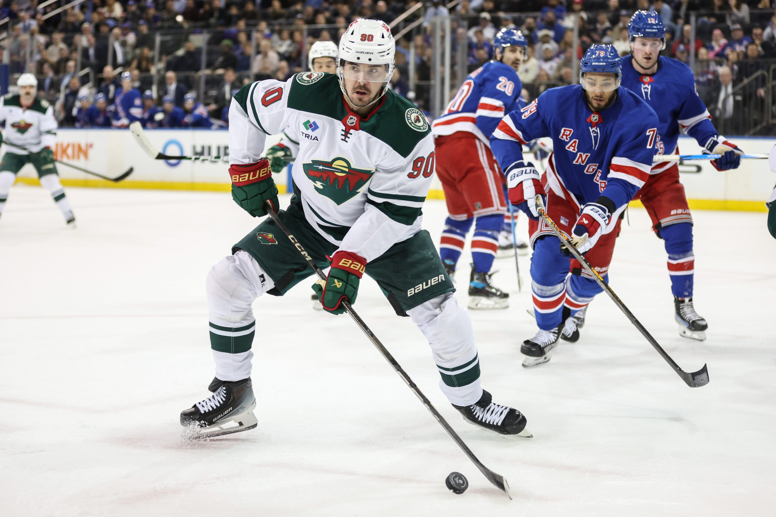 Apr 2, 2025; New York, New York, USA; Minnesota Wild left wing Marcus Johansson (90) at Madison Square Garden. Mandatory Credit: Wendell Cruz-Imagn Images