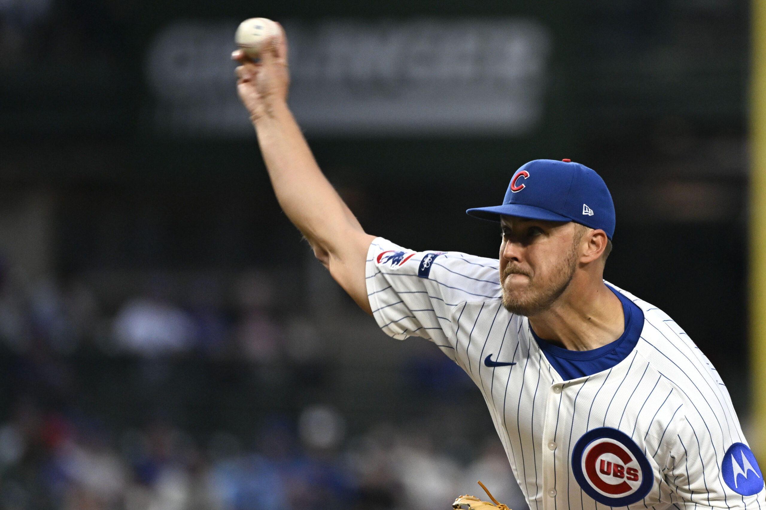 Aug 19, 2025; Chicago, Illinois, USA; Chicago Cubs pitcher Jameson Taillon (50) delivers during the first inning against the Milwaukee Brewers at Wrigley Field. Mandatory Credit: Matt Marton-Imagn Images