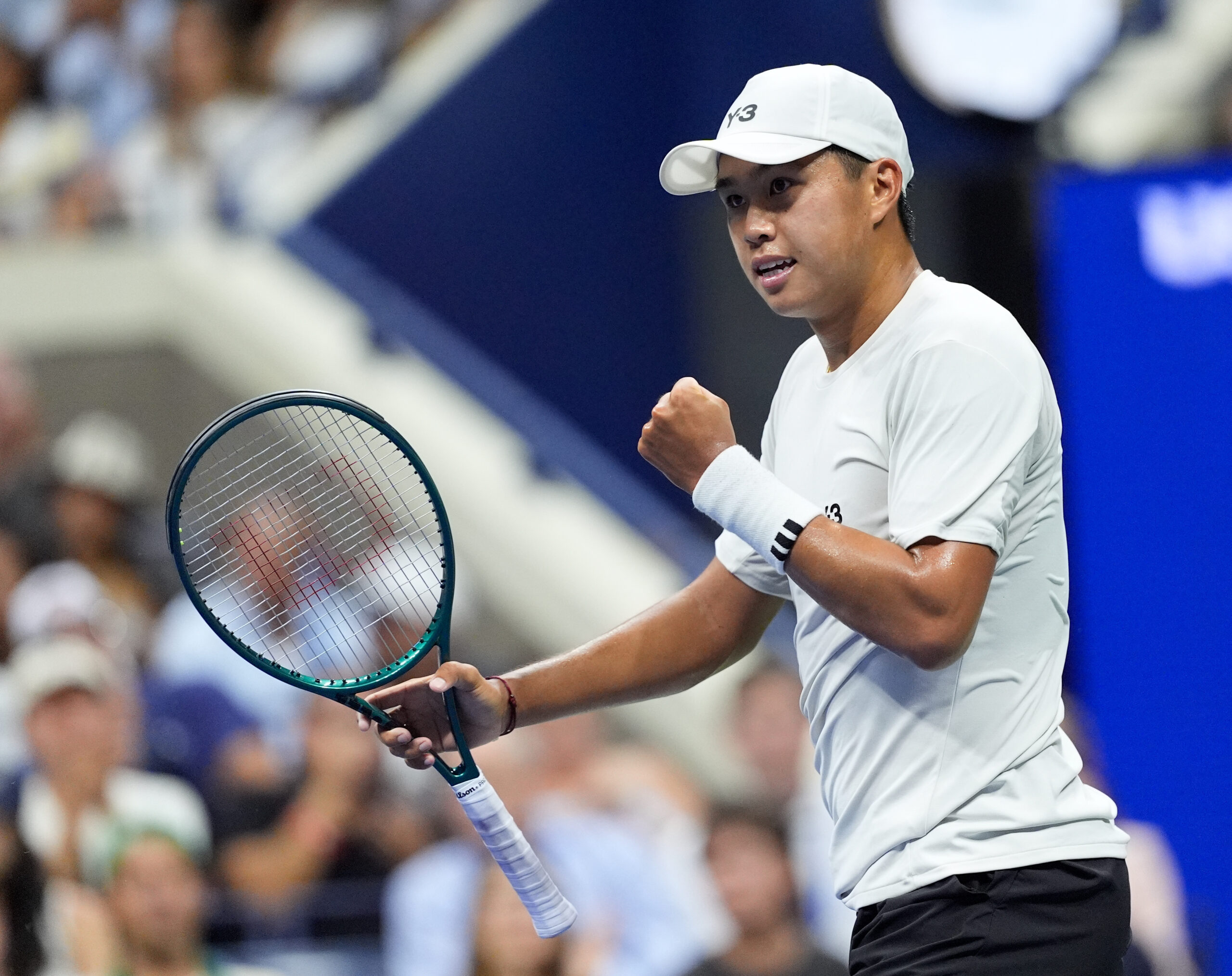 Aug 24, 2025; Flushing, NY, USA;  Learner Tien (USA) after a winner against Novak Djokovic (SRB) on day one of the 2025 U.S. Open tennis tournament at the USTA Billie Jean King National Tennis Center. Mandatory Credit: Robert Deutsch-Imagn Images