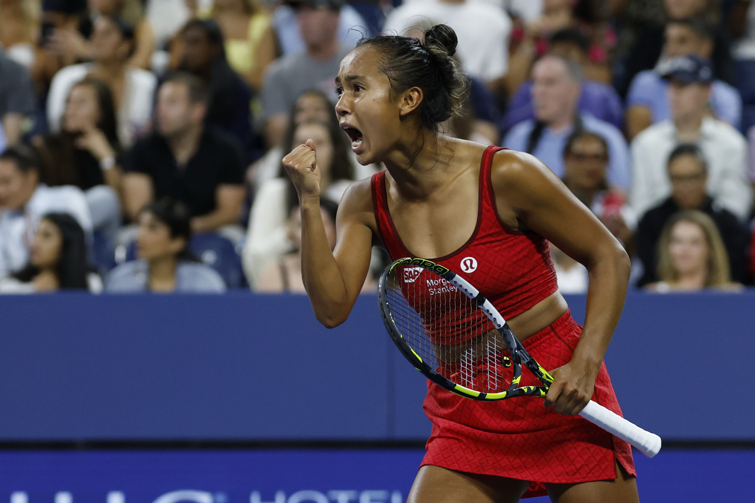 Aug 29, 2025; Flushing, NY, USA; Leylah Fernandez (CAN) reacts after winning a point against Aryna Sabalenka (not pictured) on day six of the 2025 US Open tennis tournament at Billie Jean King USTA National Tennis Center. Mandatory Credit: Geoff Burke-Imagn Images