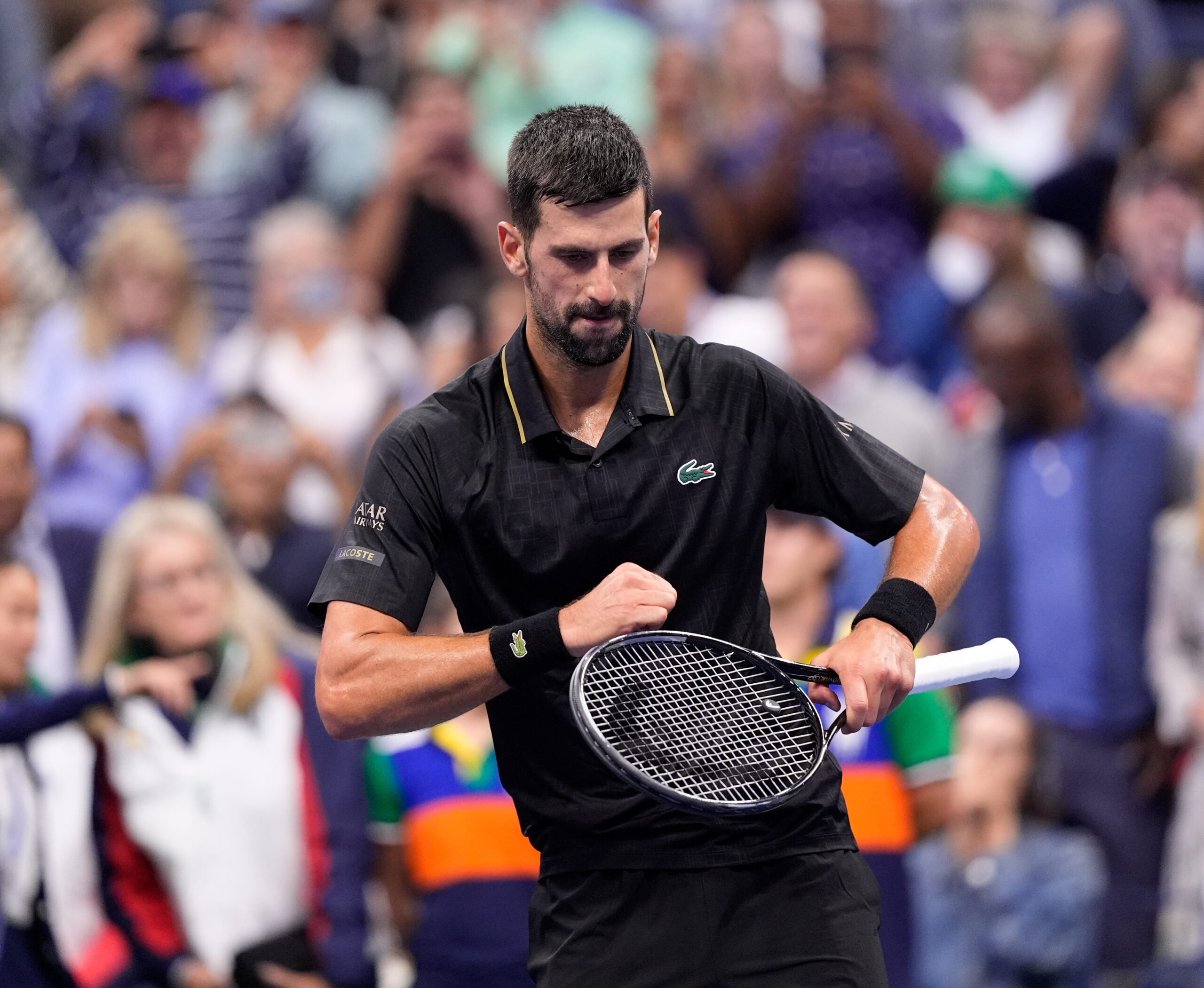 Sep 2, 2025; Flushing, NY, USA;  
Novak Djokovic (SRB) after defeating Taylor Fritz (USA) (not pictured) on day ten of the 2025 U.S. Open tennis tournament at the USTA Billie Jean King National Tennis Center. Mandatory Credit: Robert Deutsch-Imagn Images