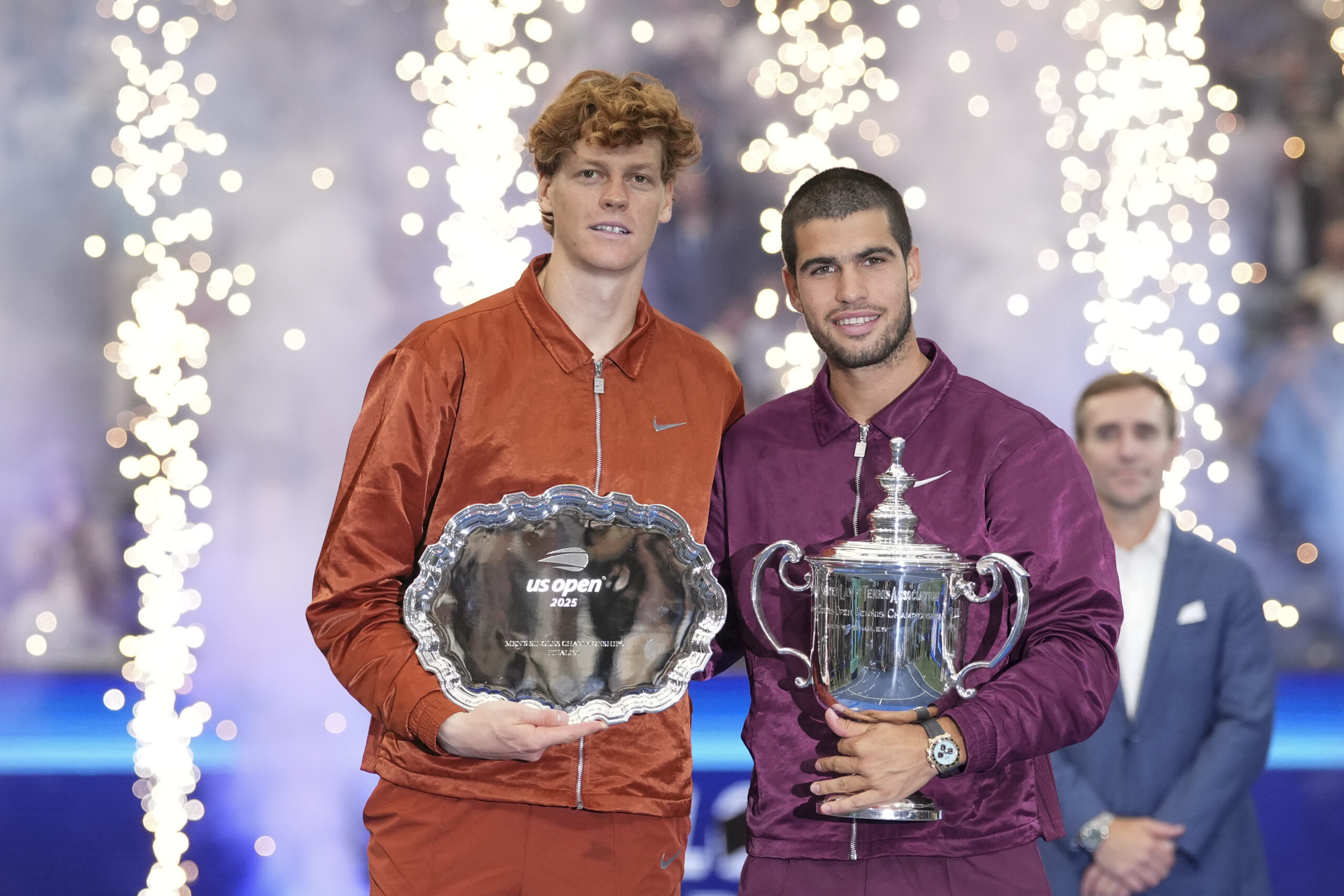 Sep 7, 2025; Flushing, NY, USA;  Carlos Alcaraz (ESP) and Jannik Sinner (ITA) poses for a photo after the final of mens singles at Billie Jean King National Tennis Center. Mandatory Credit: Robert Deutsch-Imagn Images