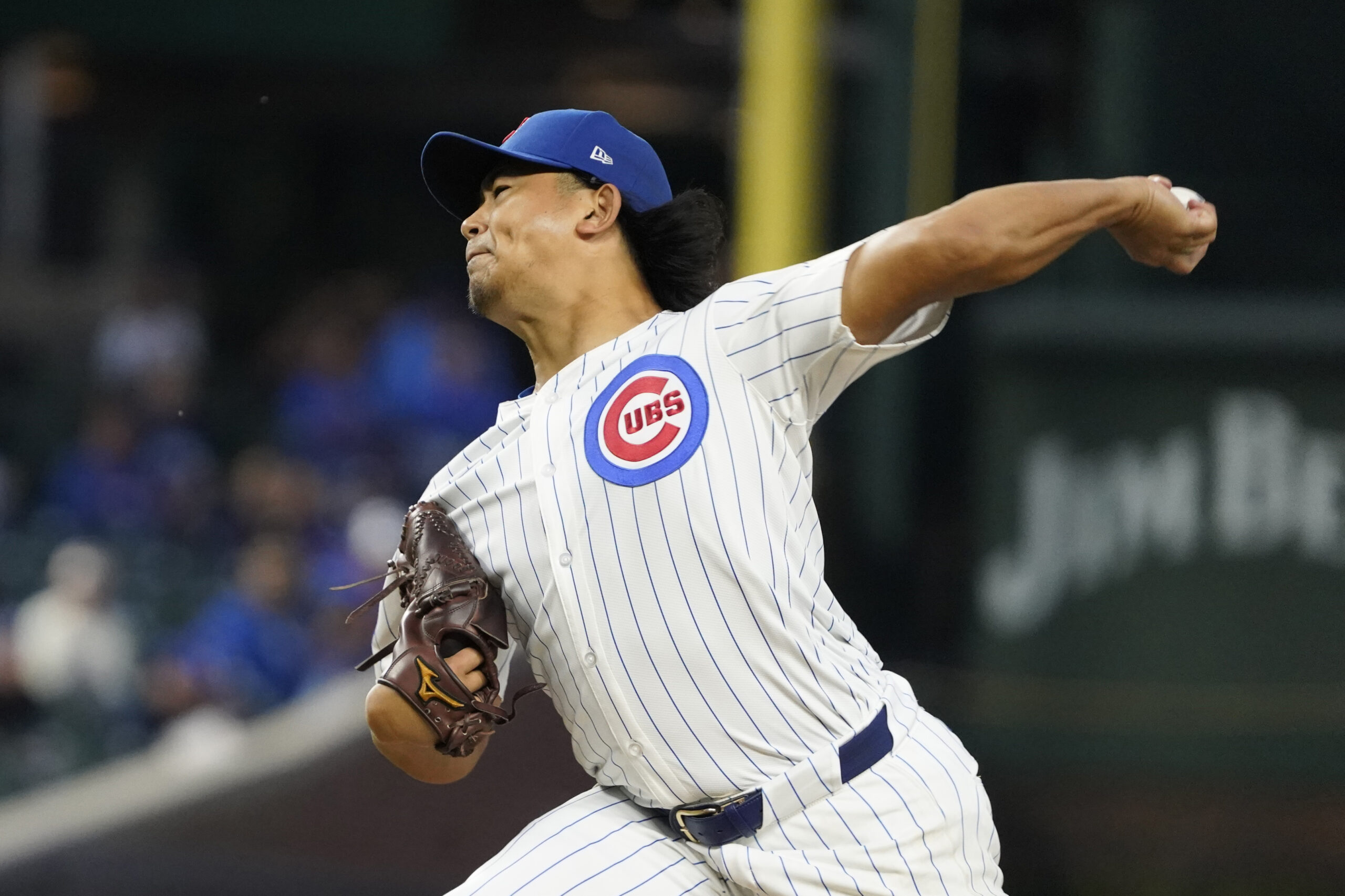 Sep 25, 2025; Chicago, Illinois, USA; Chicago Cubs pitcher Shota Imanaga (18) throws the ball against the New York Mets during the first inning at Wrigley Field. Mandatory Credit: David Banks-Imagn Images