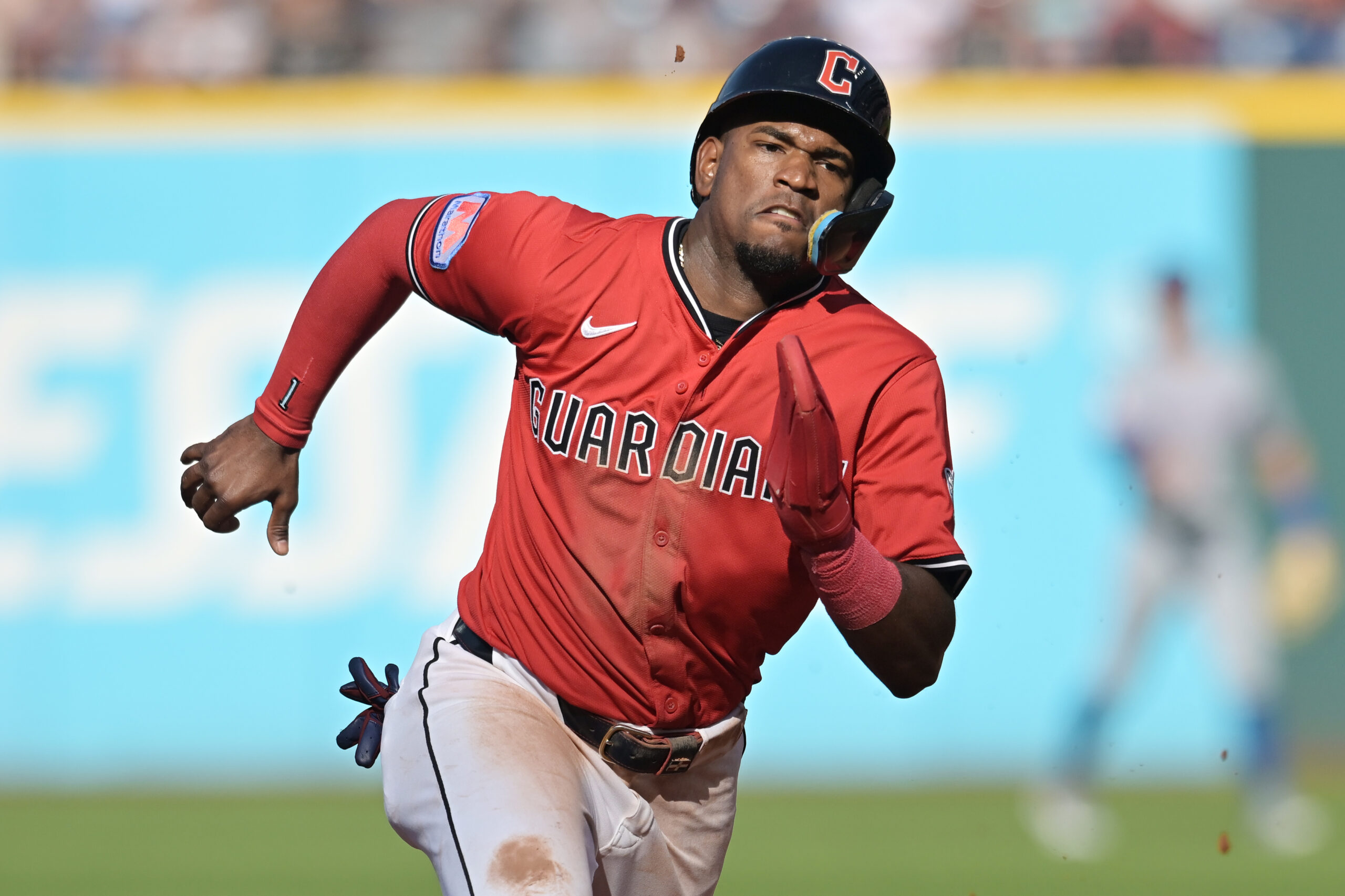 Sep 28, 2025; Cleveland, Ohio, USA; Cleveland Guardians center fielder Angel Martinez (1) advances to third on a hit by third baseman Jose Ramirez (not pictured) during the third inning against the Texas Rangers at Progressive Field. Mandatory Credit: Ken Blaze-Imagn Images