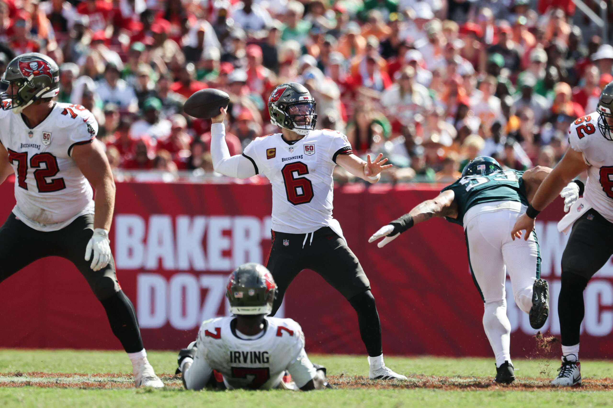 Sep 28, 2025; Tampa, Florida, USA; Tampa Bay Buccaneers quarterback Baker Mayfield (6) throws the ball during the second half against the Philadelphia Eagles at Raymond James Stadium. Mandatory Credit: Kim Klement Neitzel-Imagn Images