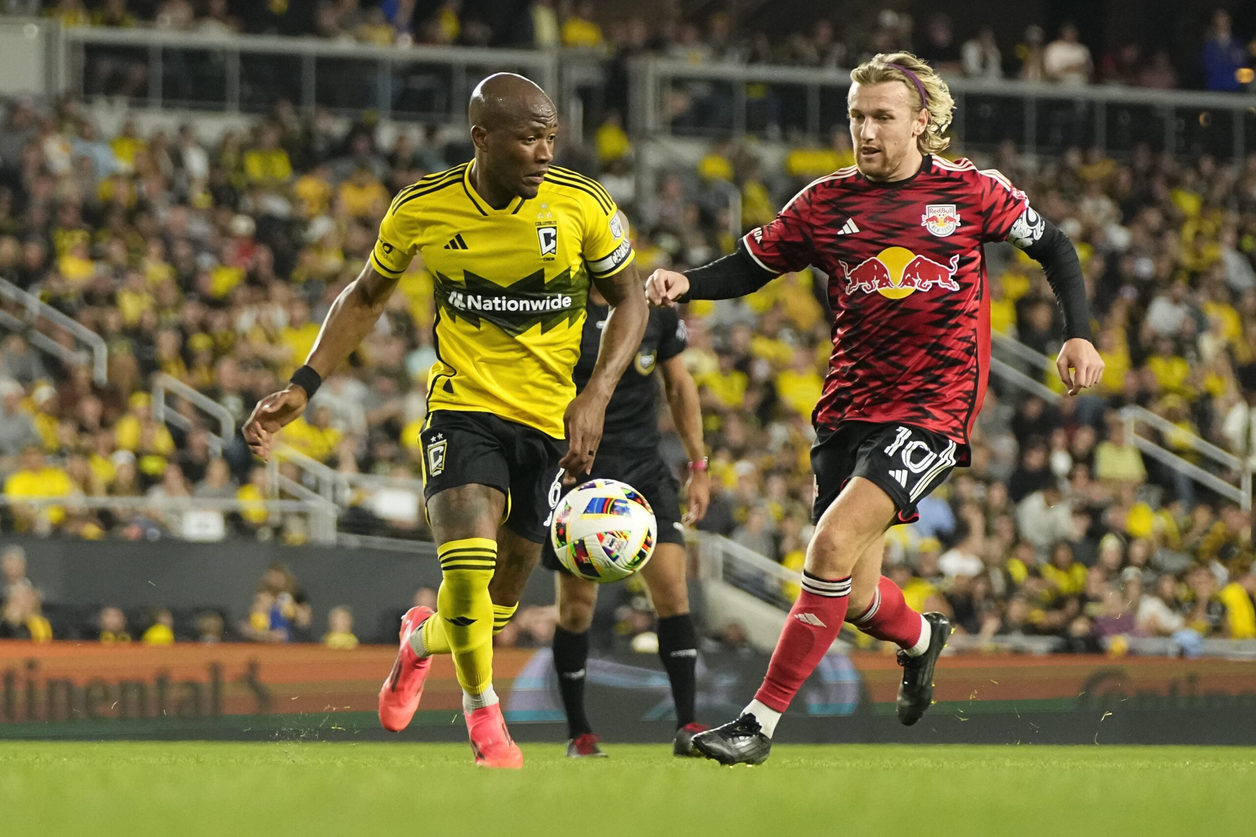 Columbus Crew midfielder Darlington Nagbe (6) controls the ball in front of New York Red Bulls midfielder Emil Forsberg (10) during the first half of the MLS Cup Playoffs first round game at Lower.com Field in Columbus on Oct. 29.