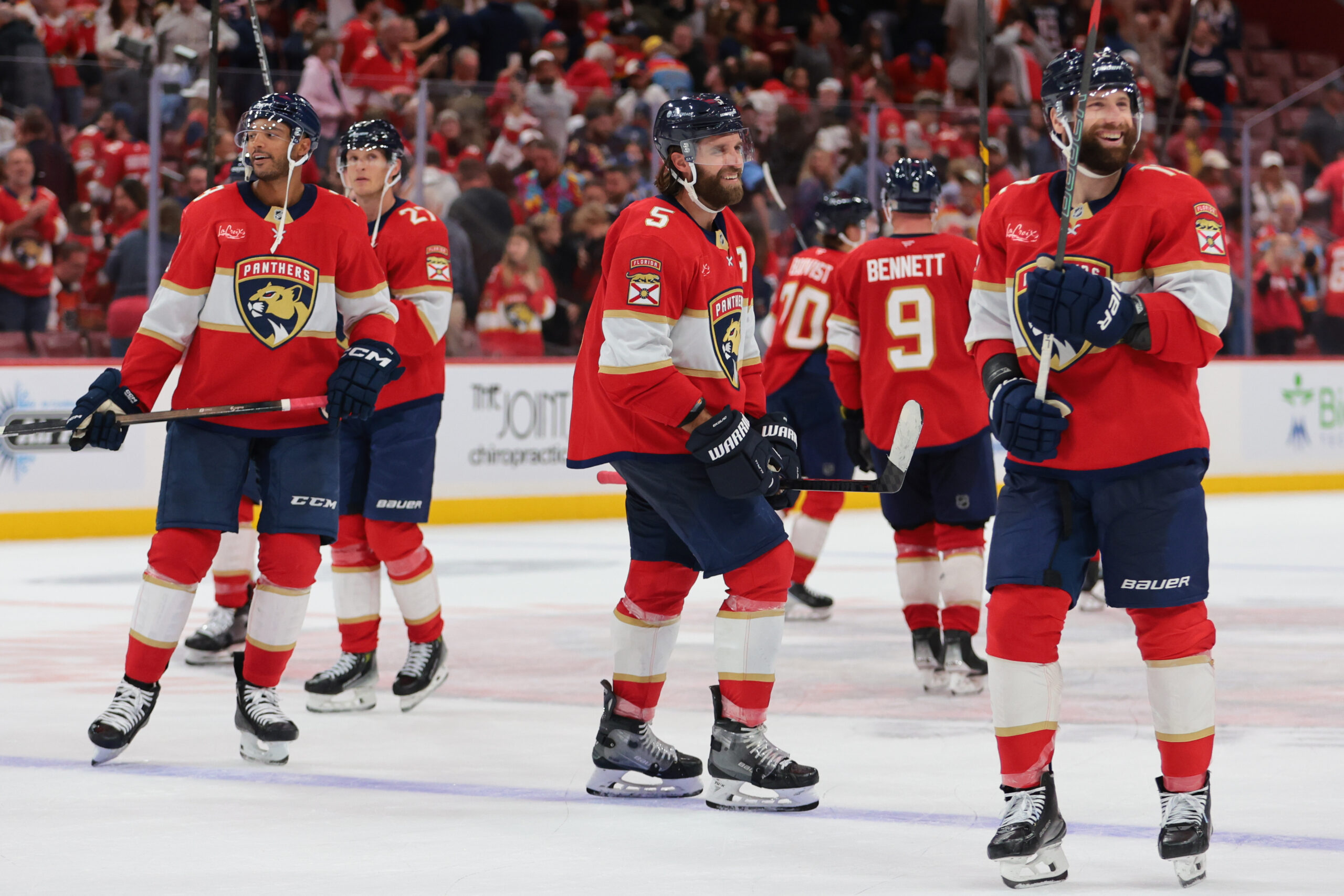Oct 9, 2025; Sunrise, Florida, USA; Florida Panthers defenseman Aaron Ekblad (5) celebrates after the game against the Philadelphia Flyers at Amerant Bank Arena. Mandatory Credit: Sam Navarro-Imagn Images