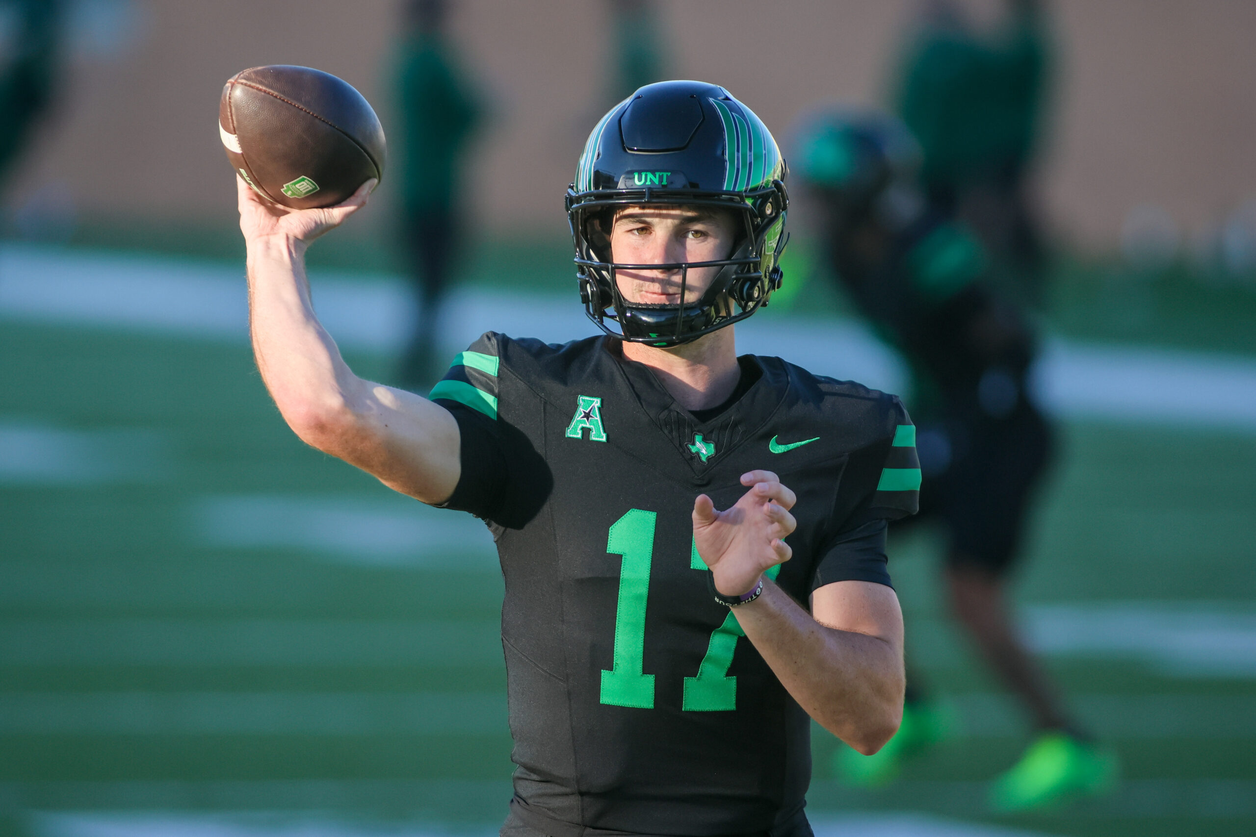 Oct 10, 2025; Denton, Texas, USA; North Texas Mean Green quarterback Drew Mestemaker (17) warms up prior to a game against the South Florida Bulls at DATCU Stadium. Mandatory Credit: Raymond Carlin III-Imagn Images
