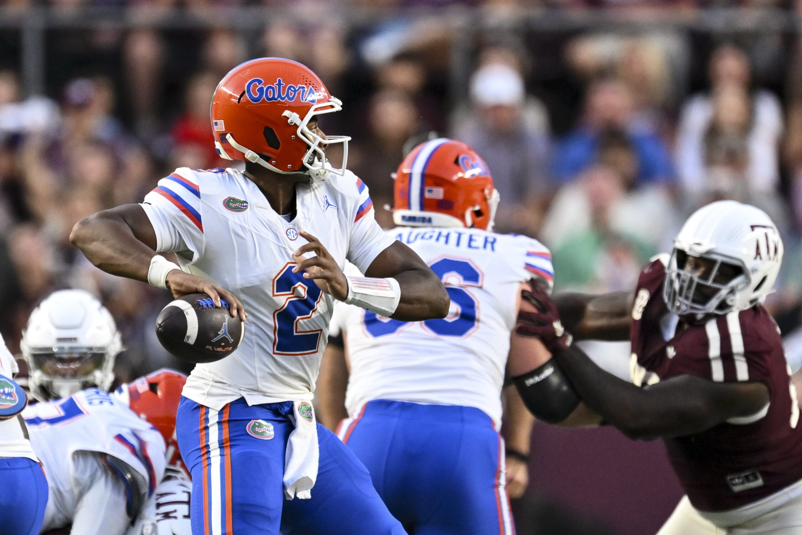Oct 11, 2025; College Station, Texas, USA; Florida Gators quarterback DJ Lagway (2) looks to pass the ball during the first half against the Texas A&M Aggies at Kyle Field. Mandatory Credit: Maria Lysaker-Imagn Images