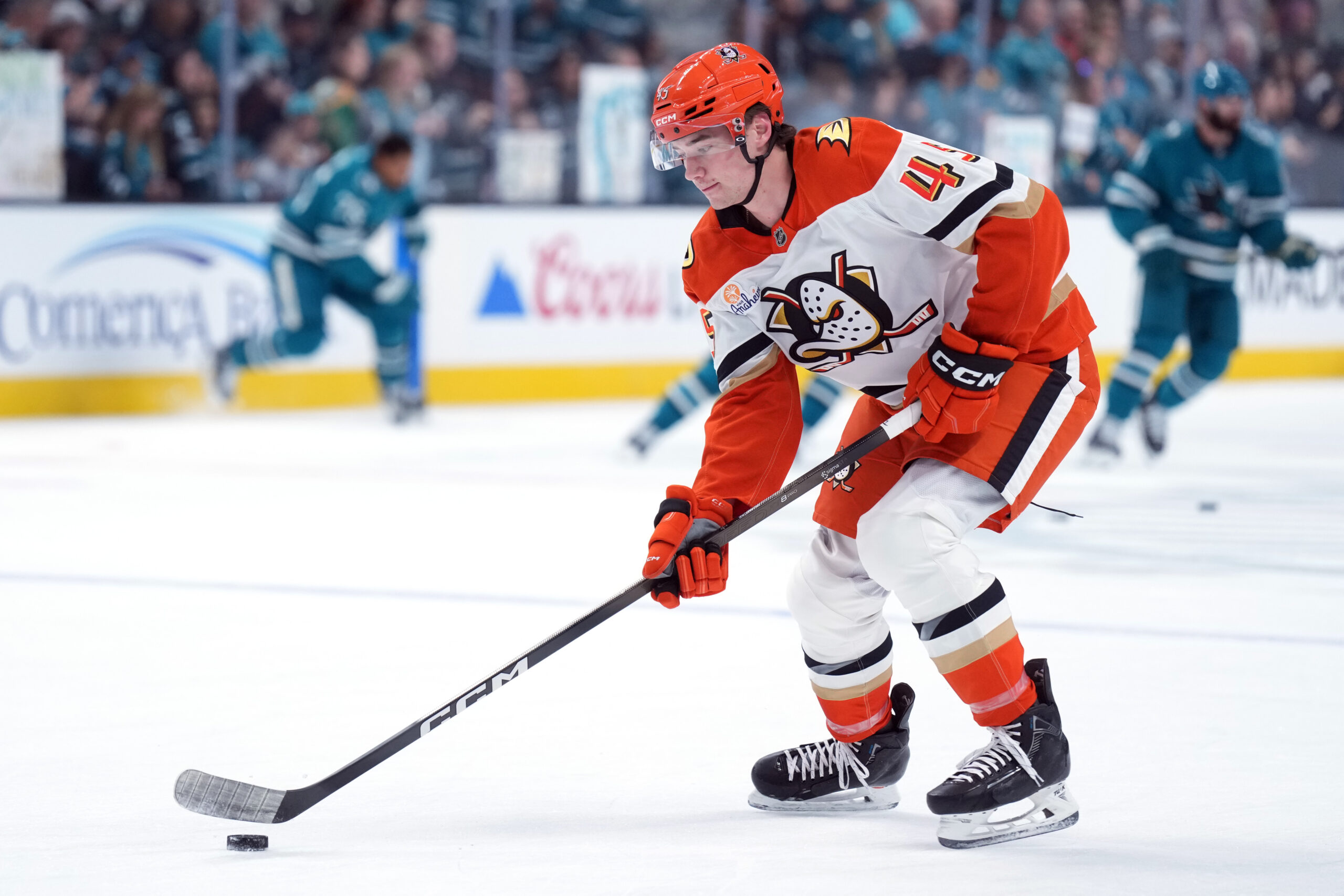 Oct 11, 2025; San Jose, California, USA; Anaheim Ducks right wing Beckett Sennecke (45) warms up before the game against the San Jose Sharks at SAP Center at San Jose. Mandatory Credit: Darren Yamashita-Imagn Images