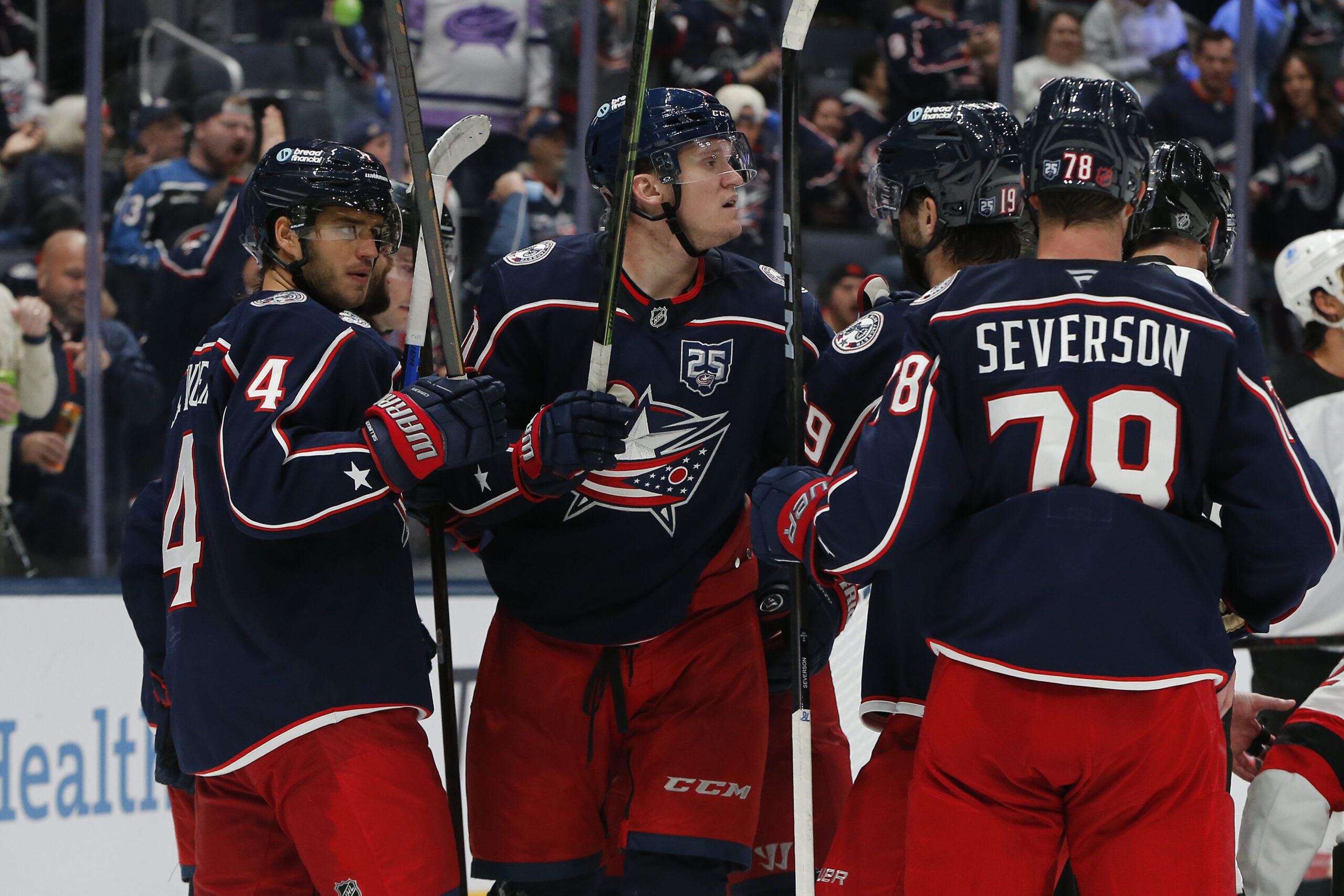 Oct 13, 2025; Columbus, Ohio, USA; Columbus Blue Jackets left wing Dmitri Voronkov (10) celebrates his goal against the New Jersey Devils during the third period at Nationwide Arena. Mandatory Credit: Russell LaBounty-Imagn Images