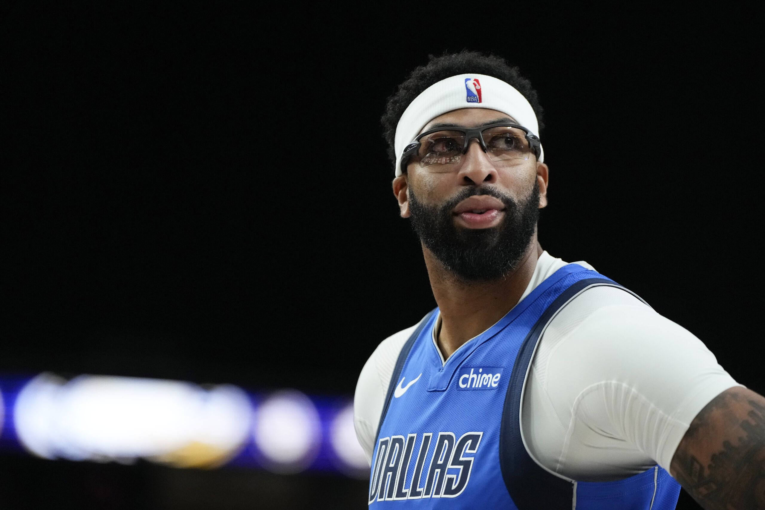Oct 15, 2025; Las Vegas, Nevada, USA; Dallas Mavericks forward Anthony Davis (3) looks outward during the first half against the Los Angeles Lakers at T-Mobile Arena. Mandatory Credit: Lucas Peltier-Imagn Images
