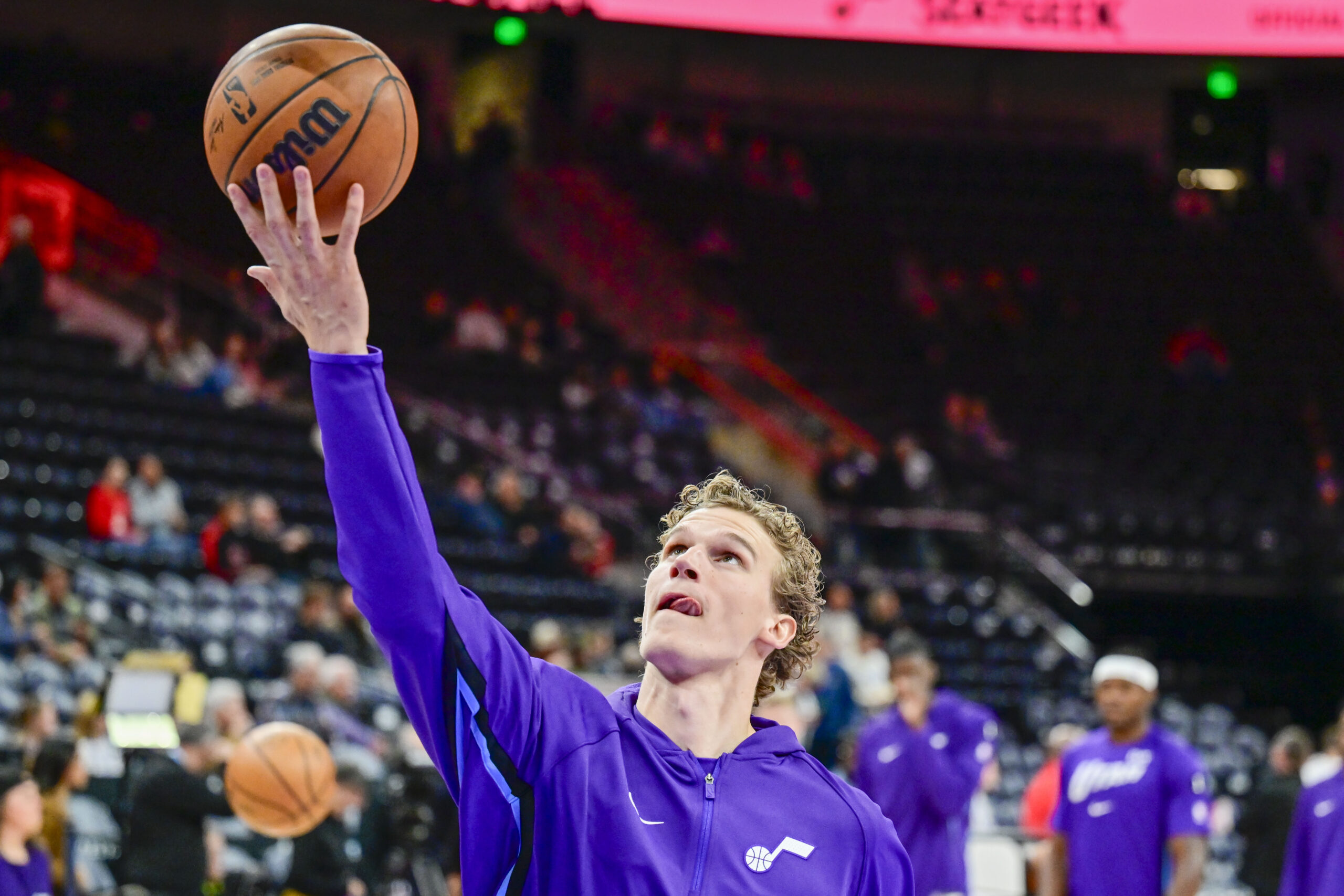 Oct 16, 2025; Salt Lake City, Utah, USA; Utah Jazz forward/center Lauri Markkanen (23) warms up before the game against the Portland Trail Blazers at Delta Center. Mandatory Credit: Peter Creveling-Imagn Images