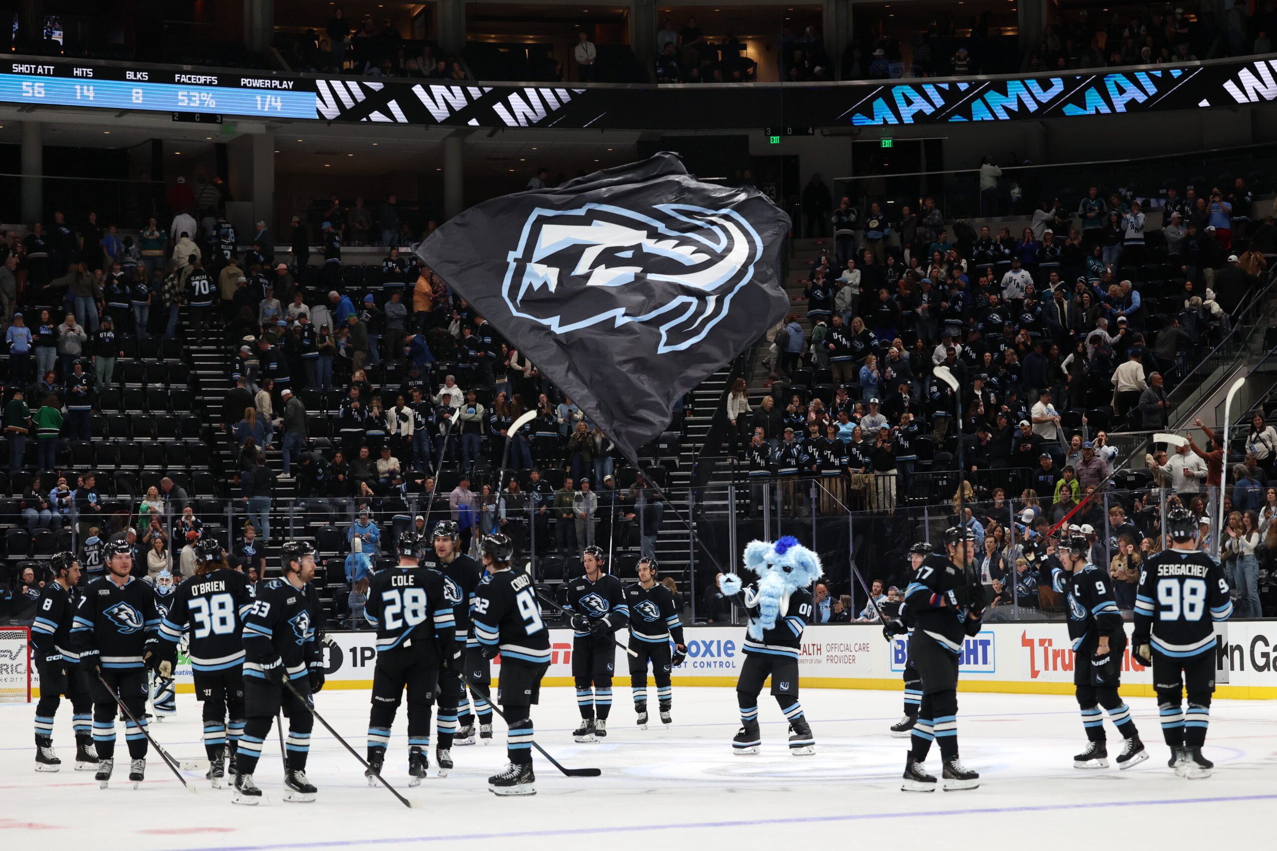 Oct 17, 2025; Salt Lake City, Utah, USA; The Utah Mammoth celebrate a win over the against the San Jose Sharks after the game at Delta Center. Mandatory Credit: Rob Gray-Imagn Images