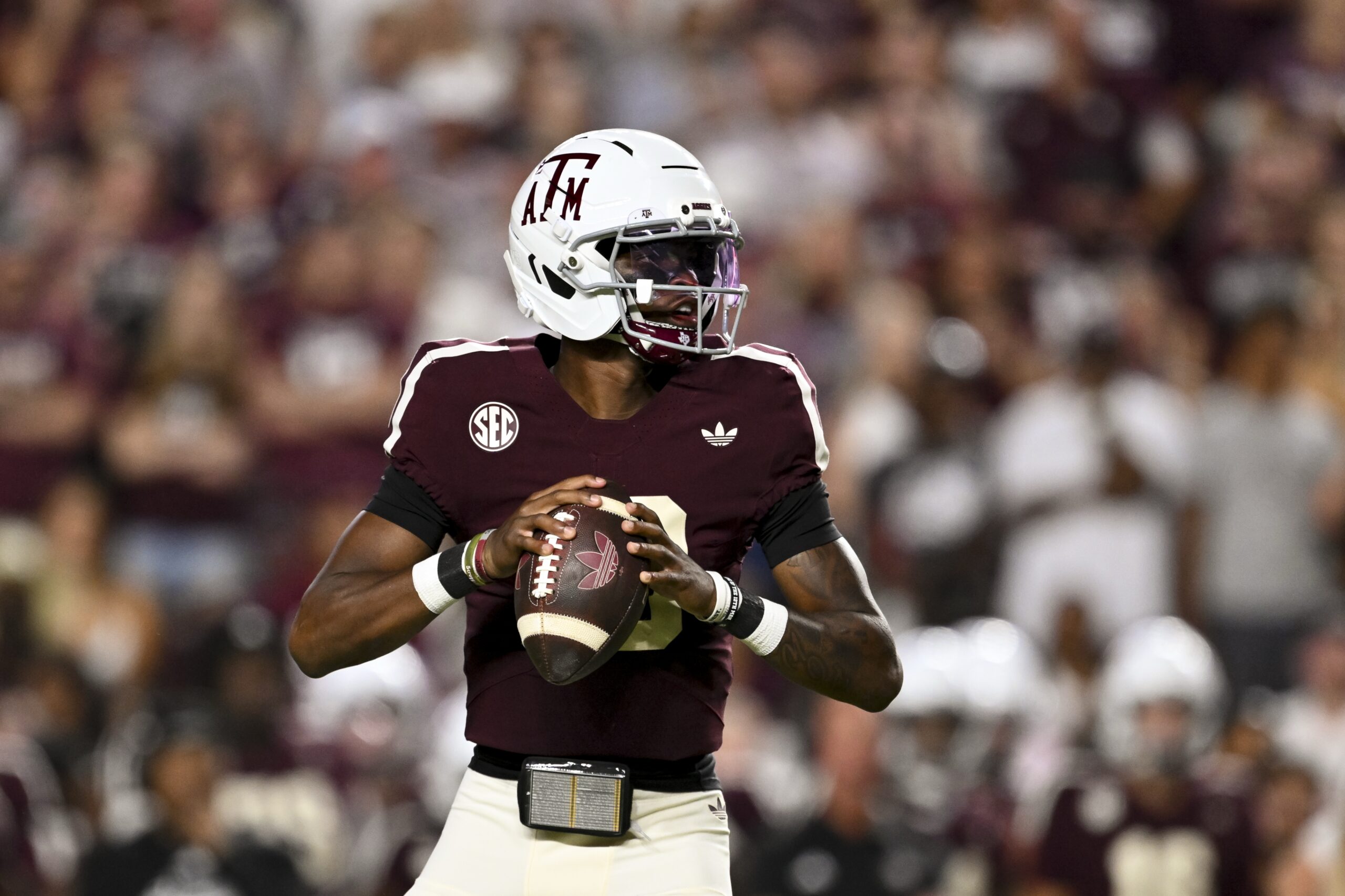 Oct 11, 2025; College Station, Texas, USA; Texas A&M Aggies quarterback Marcel Reed (10) looks to pass the ball during the third quarter against the Florida Gators at Kyle Field. Mandatory Credit: Maria Lysaker-Imagn Images