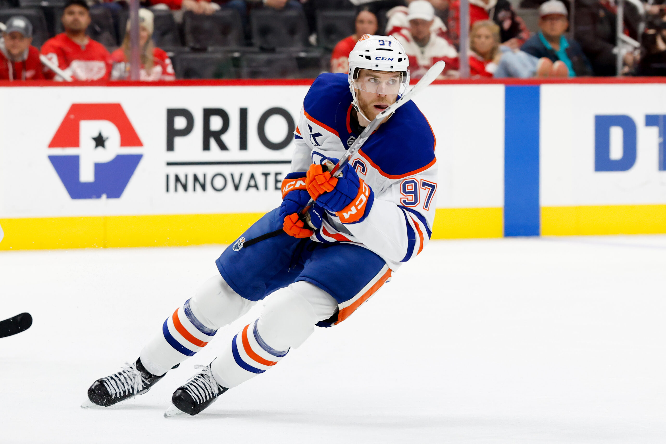 Oct 19, 2025; Detroit, Michigan, USA;  Edmonton Oilers center Connor McDavid (97) skates in the third period against the Detroit Red Wings at Little Caesars Arena. Mandatory Credit: Rick Osentoski-Imagn Images
