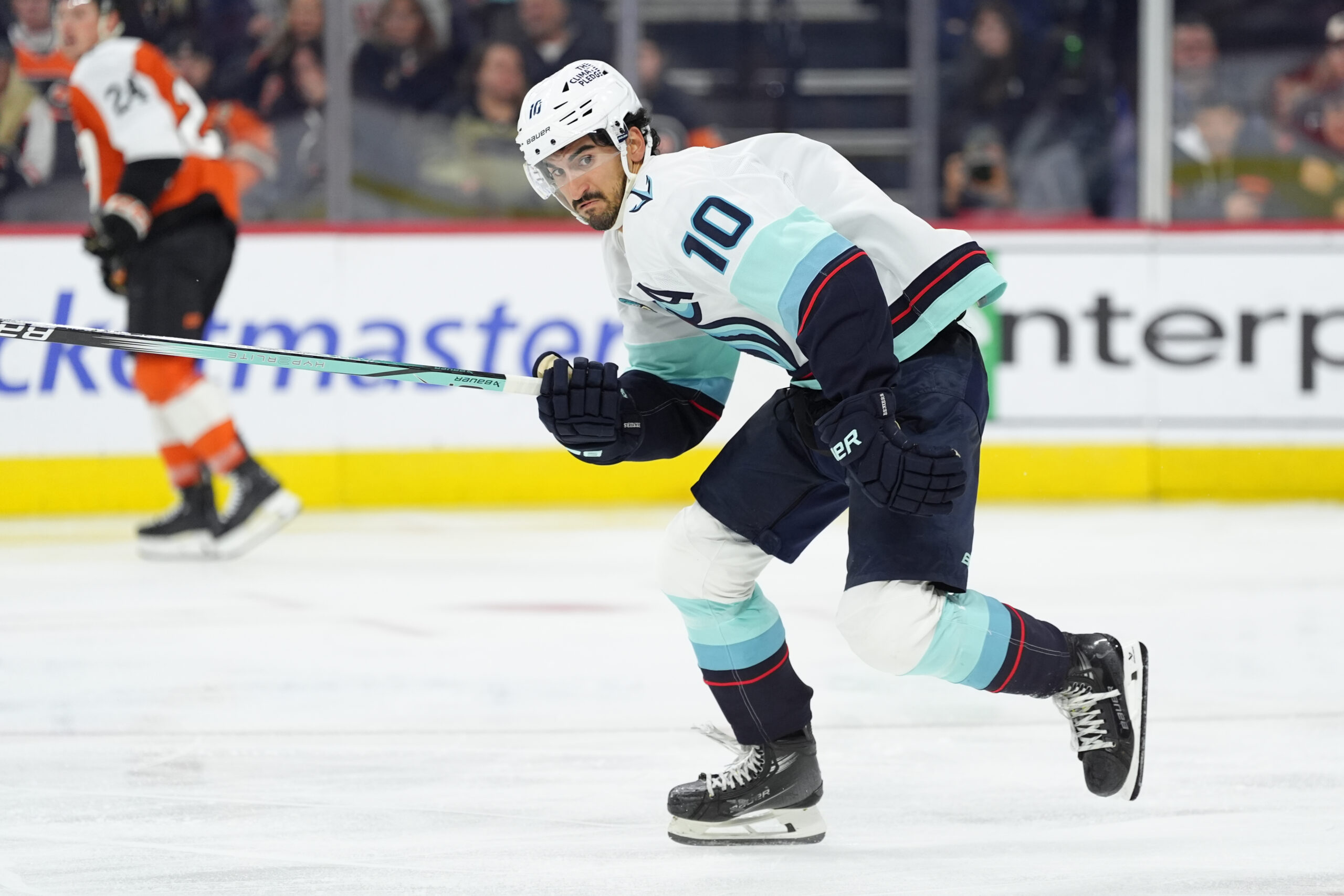 Oct 20, 2025; Philadelphia, Pennsylvania, USA; Seattle Kraken center Matty Beniers (10) in action against the Philadelphia Flyers in the third period at Xfinity Mobile Arena. Mandatory Credit: Kyle Ross-Imagn Images