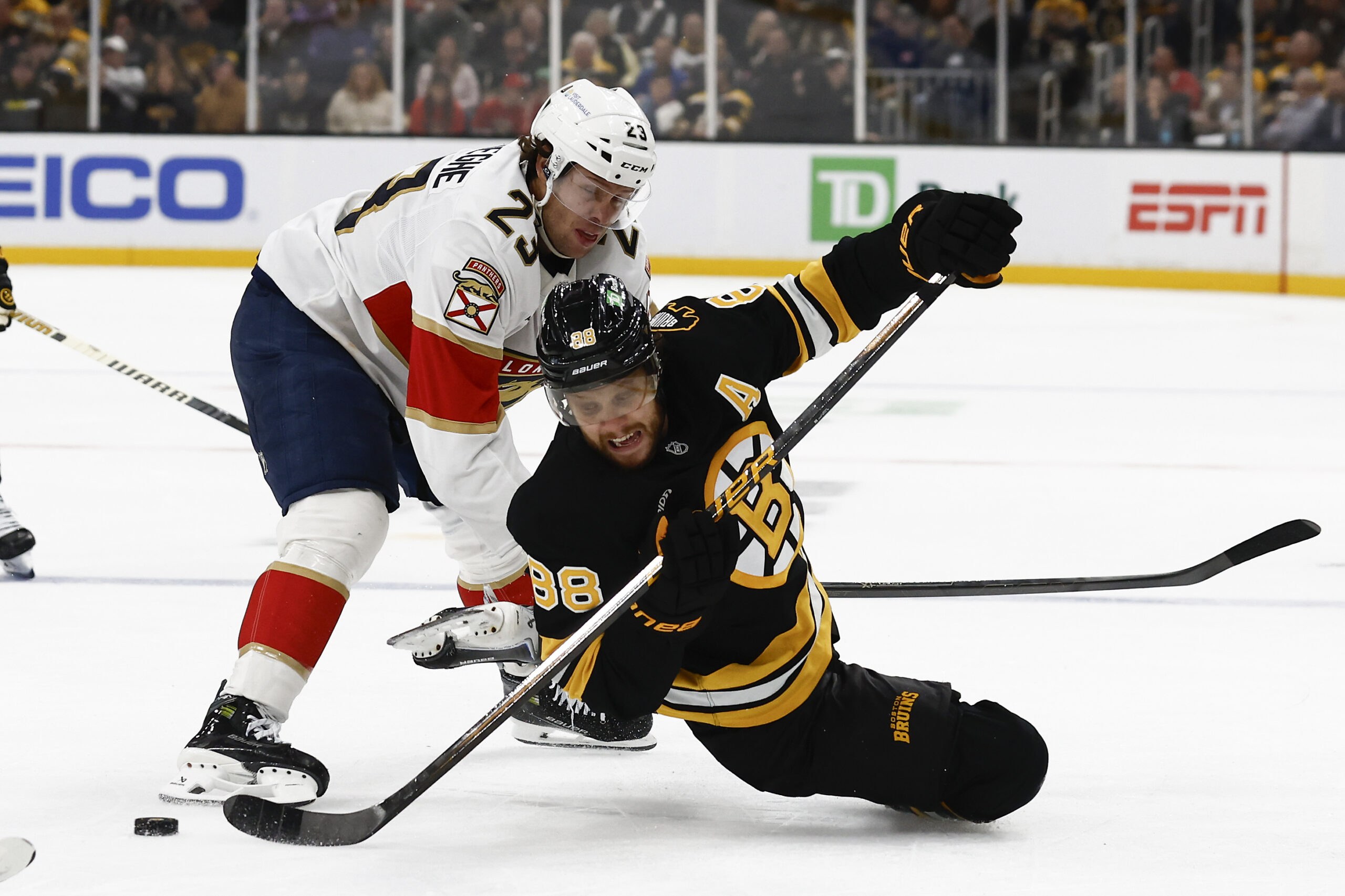 Oct 21, 2025; Boston, Massachusetts, USA; Boston Bruins right wing David Pastrnak (88) gets off a pass while being taken down by Florida Panthers center Carter Verhaeghe (23) during the third period at TD Garden. Mandatory Credit: Winslow Townson-Imagn Images