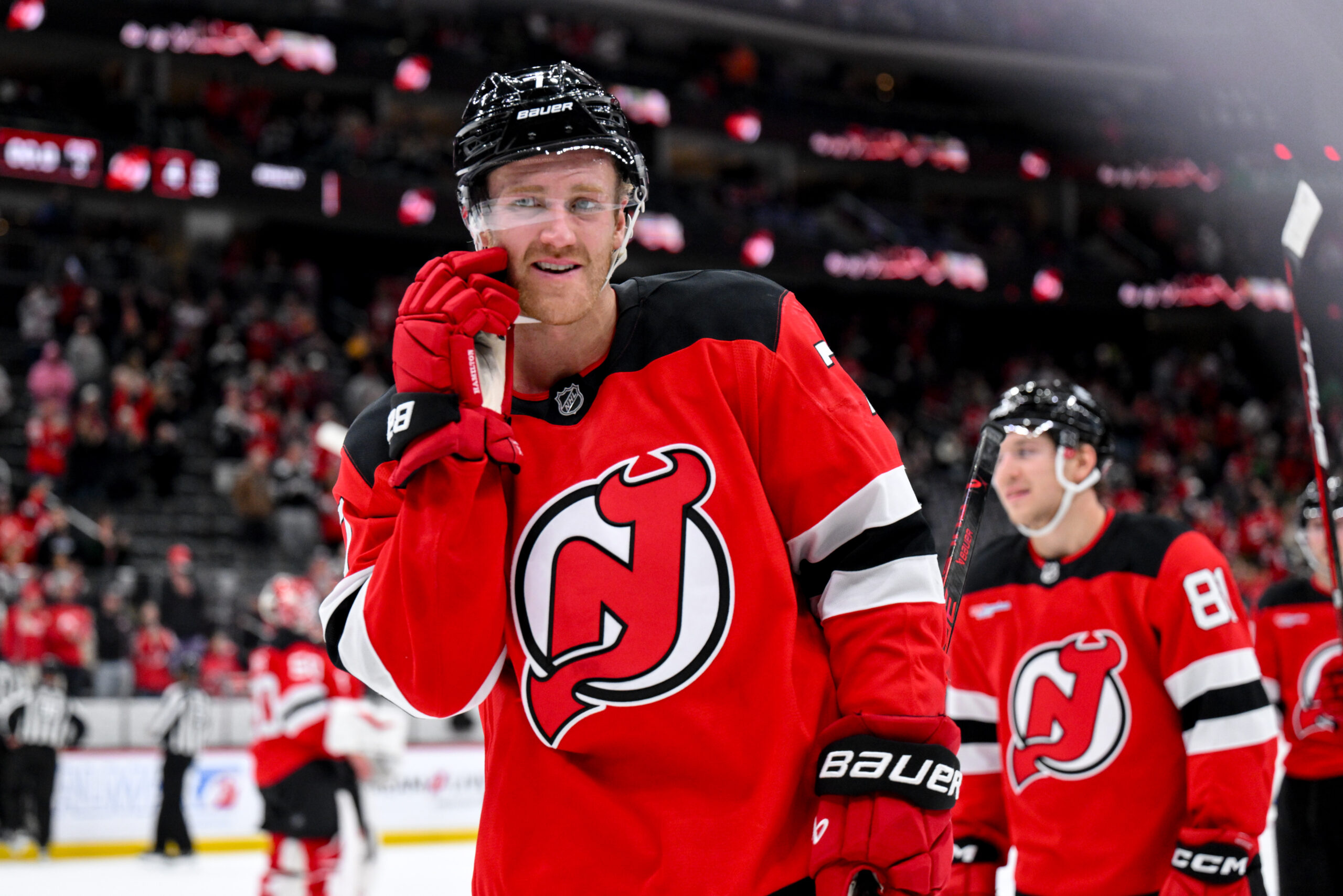 Oct 22, 2025; Newark, New Jersey, USA; New Jersey Devils defenseman Dougie Hamilton (7) reacts after winning against the Minnesota Wild at Prudential Center. Mandatory Credit: John Jones-Imagn Images
