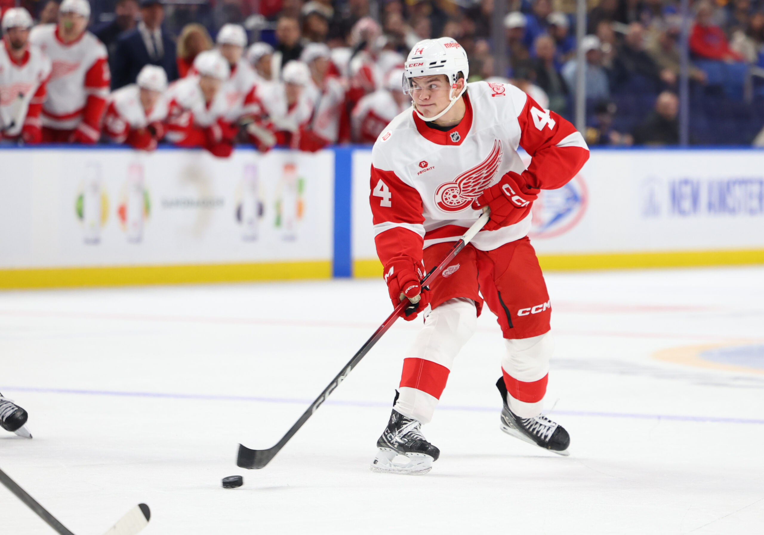Oct 22, 2025; Buffalo, New York, USA; Detroit Red Wings defenseman Axel Sandin-Pellikka (44) looks to make a pass during the third period against the Buffalo Sabres at KeyBank Center. Mandatory Credit: Timothy T. Ludwig-Imagn Images