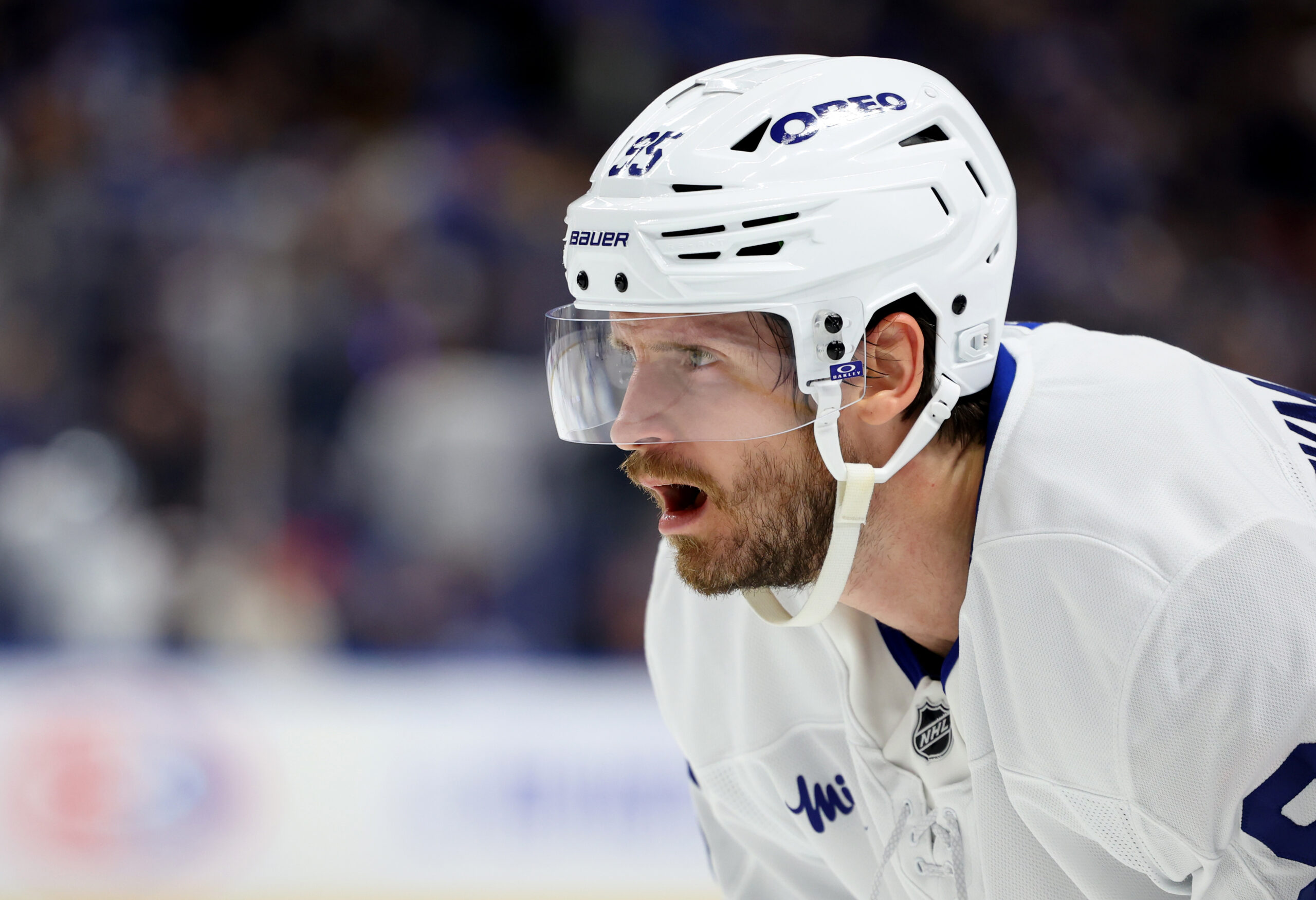 Oct 24, 2025; Buffalo, New York, USA; Toronto Maple Leafs defenseman Oliver Ekman-Larsson (95) waits for the face-off during the third period against the Buffalo Sabres at KeyBank Center. Mandatory Credit: Timothy T. Ludwig-Imagn Images